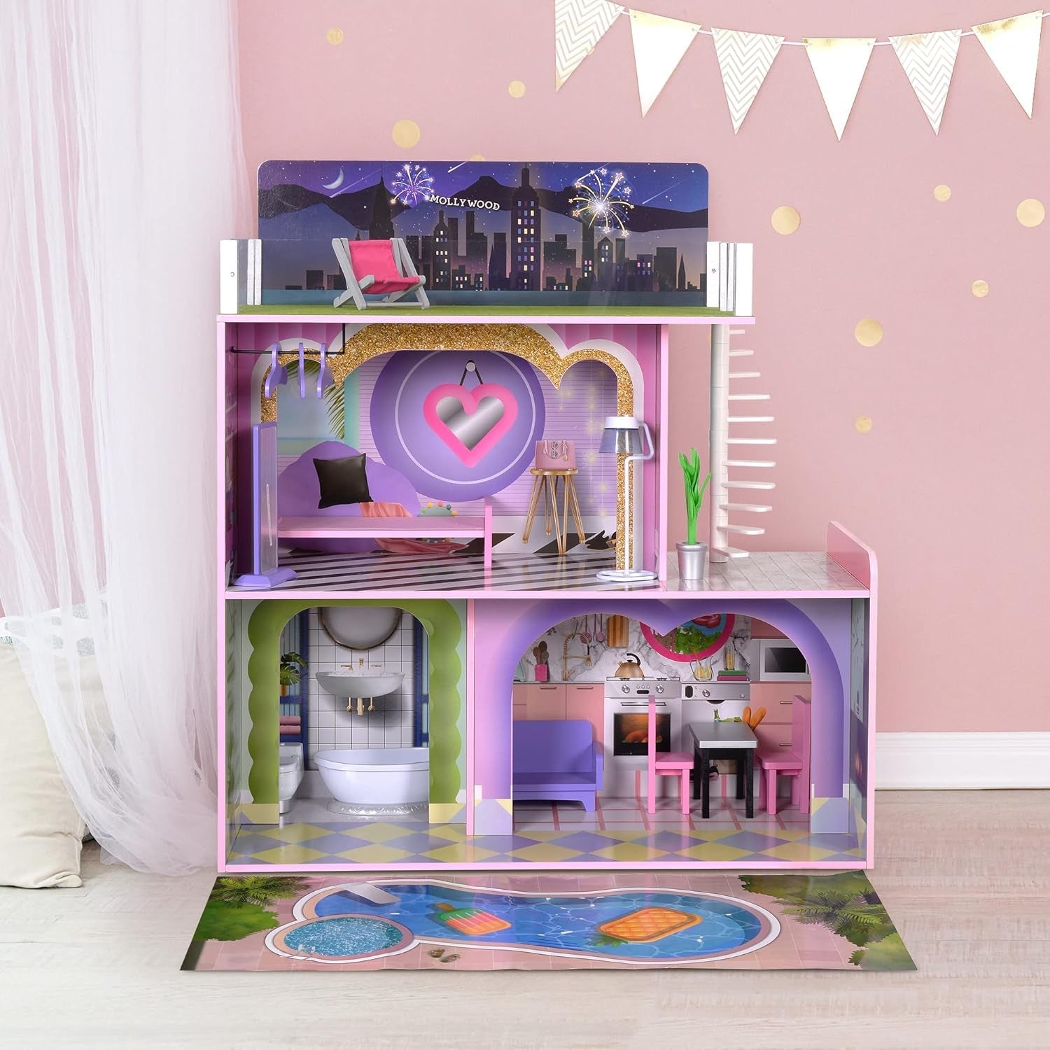 Olivia's Little World Big Dreamland Sunset Modernes, dreistöckiges, interaktives Puppenhaus aus Holz für Kinder mit 16 Puppenmöbelzubehör, mehrfarbig, TD-13616A