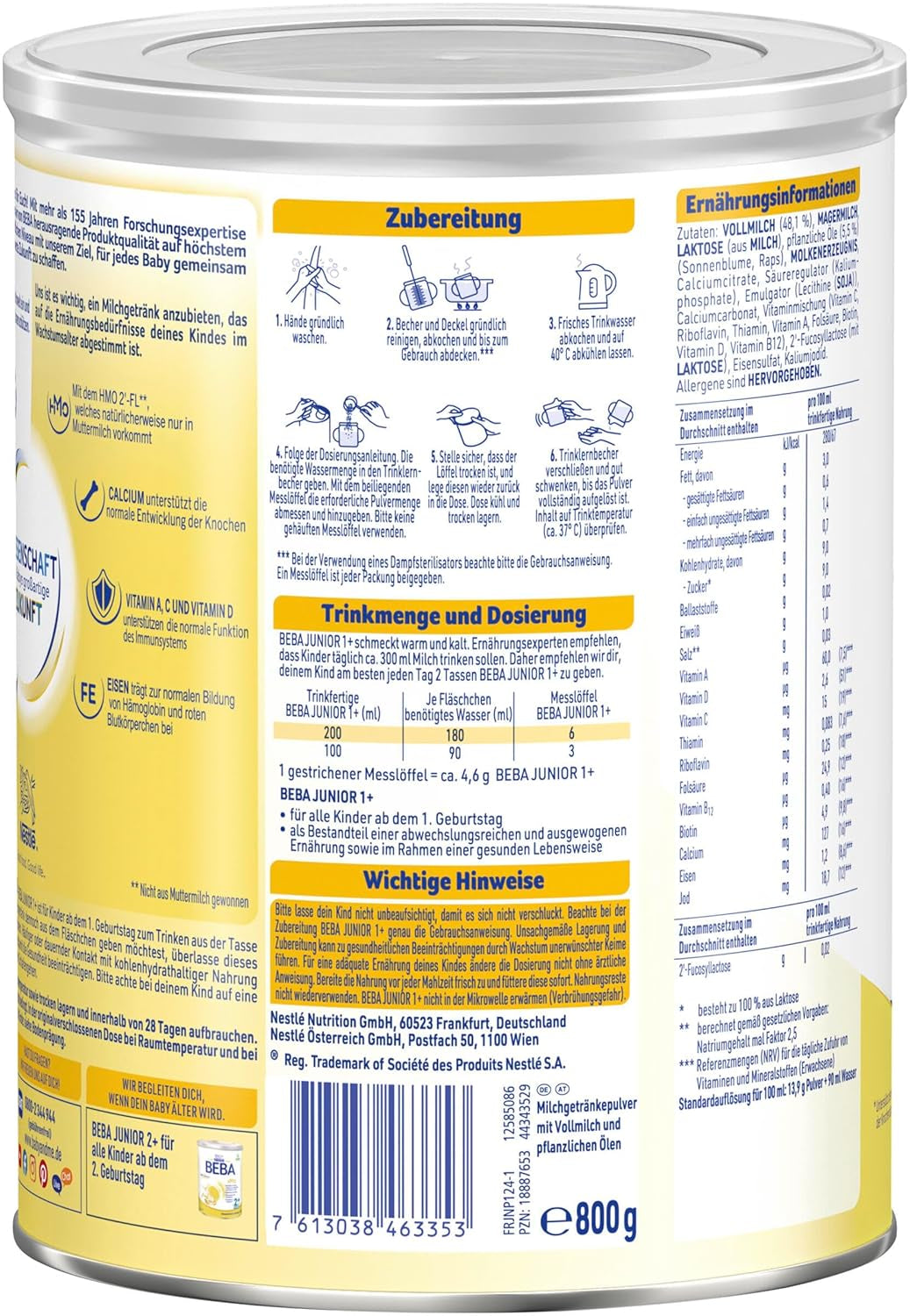 BEBA Junior 1+ Milchgetränk ab 1 Jahr, Mit HMO, Altersgerechter Proteingehalt, Nur Laktose, Ohne Palmöl, Ohne Fischöl, Kleinkindnahrung, Babymilchpulver, 6er Pack (6 x 800g)