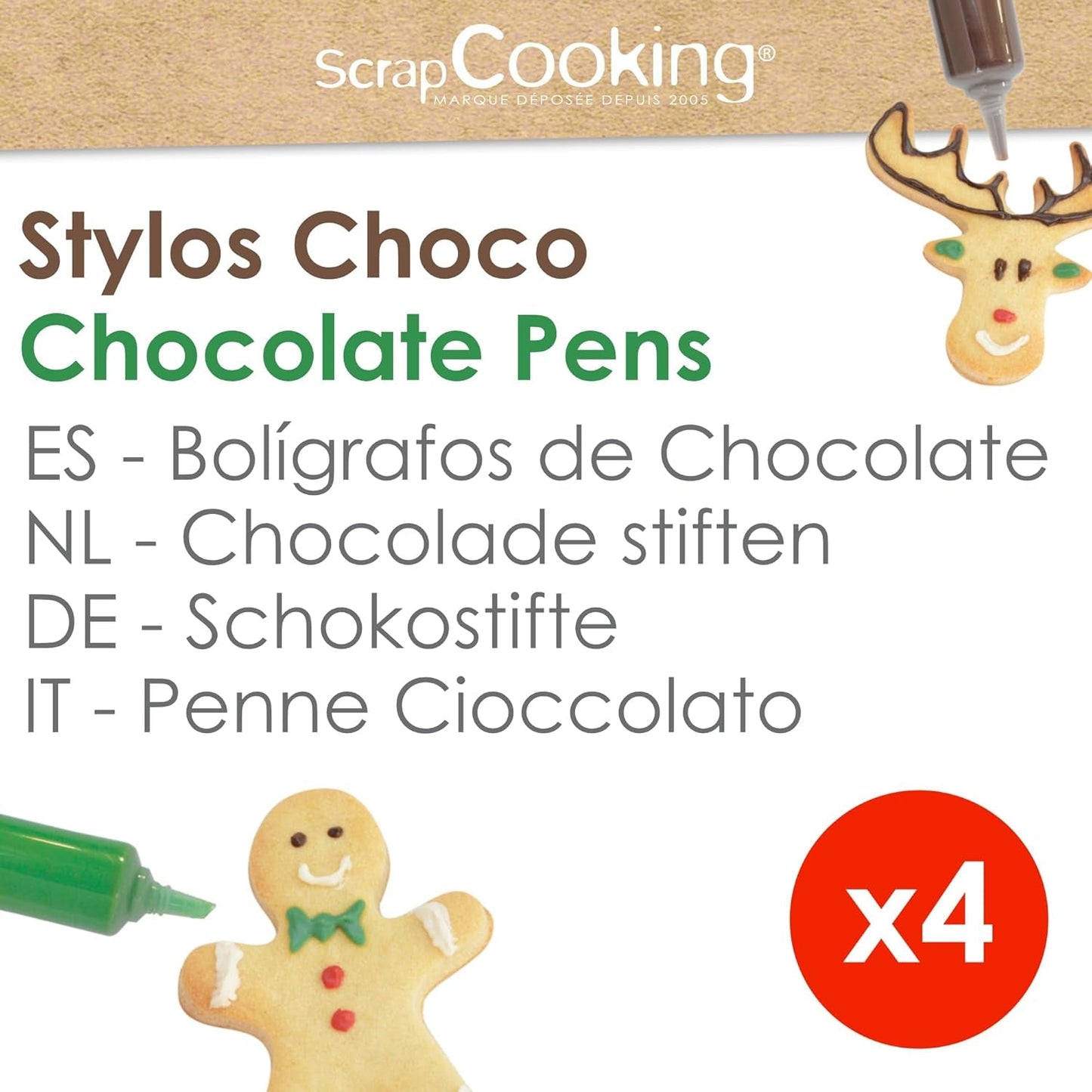 Scrapcooking – Set mit 4 weihnachtlichen Schokoladen-Buntstiften – Braun, Weiß, Grün und Rot – Essbare Farbe – Lebensmittelfarbe zum Schreiben – Schreiben und Zeichnen auf Desserts, Kuchen und Keksen – 7060