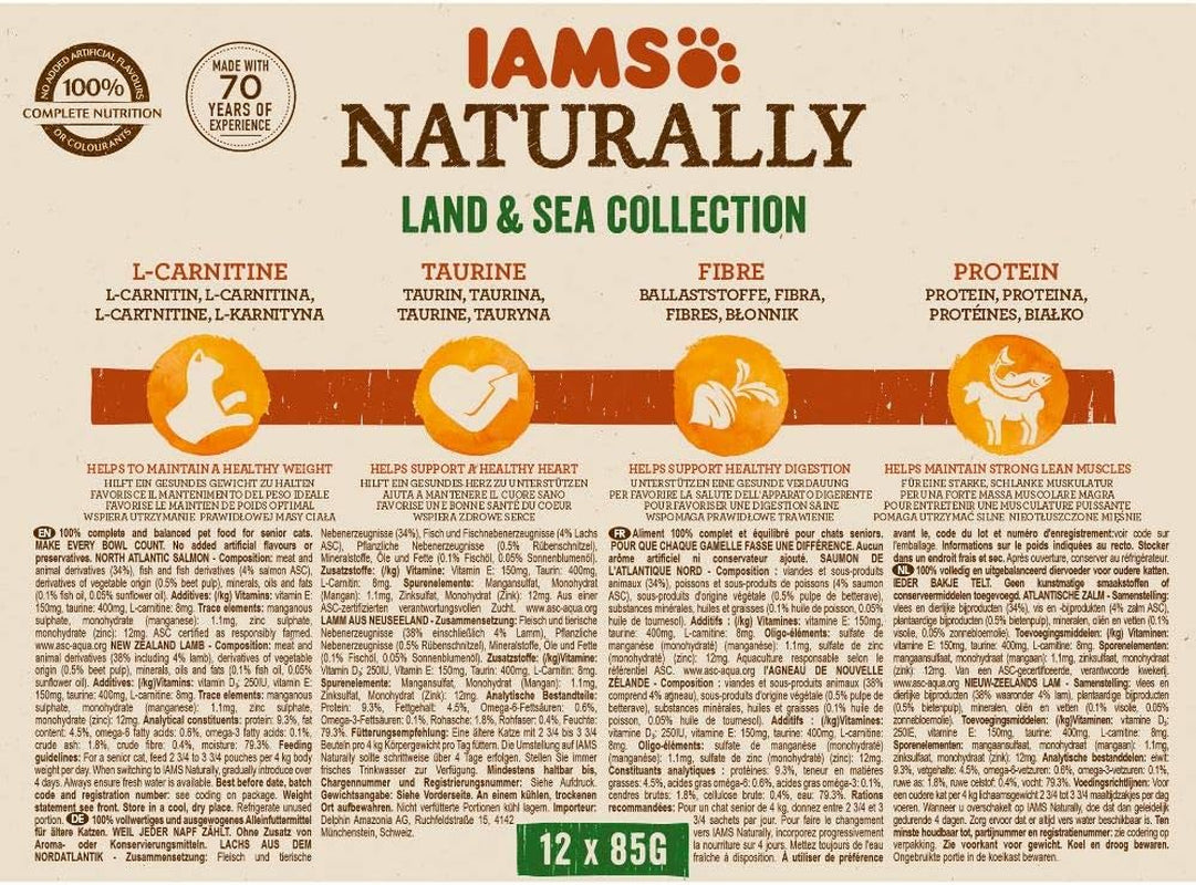 IAMS Naturally Senior Nassfutter in Soße – Hochwertiges Fleisch- und Fischnassfutter für ältere Katzen, Land & Sea Collection, 12 x 85 g