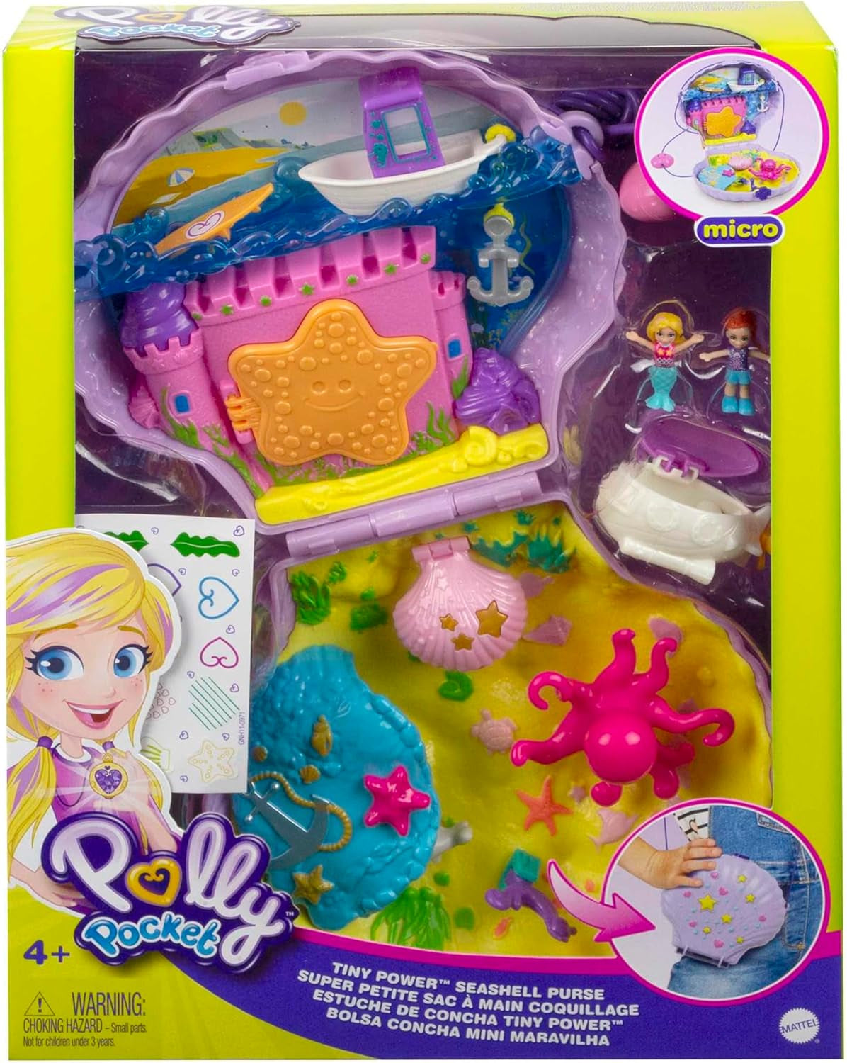 Polly Pocket-Aufbewahrungsbox, Muscheltasche mit 2 Puppen und 1 U-Boot-Polly Pocket-Meerjungfrau-Spielzeug, ab 4 Jahren, GNH11