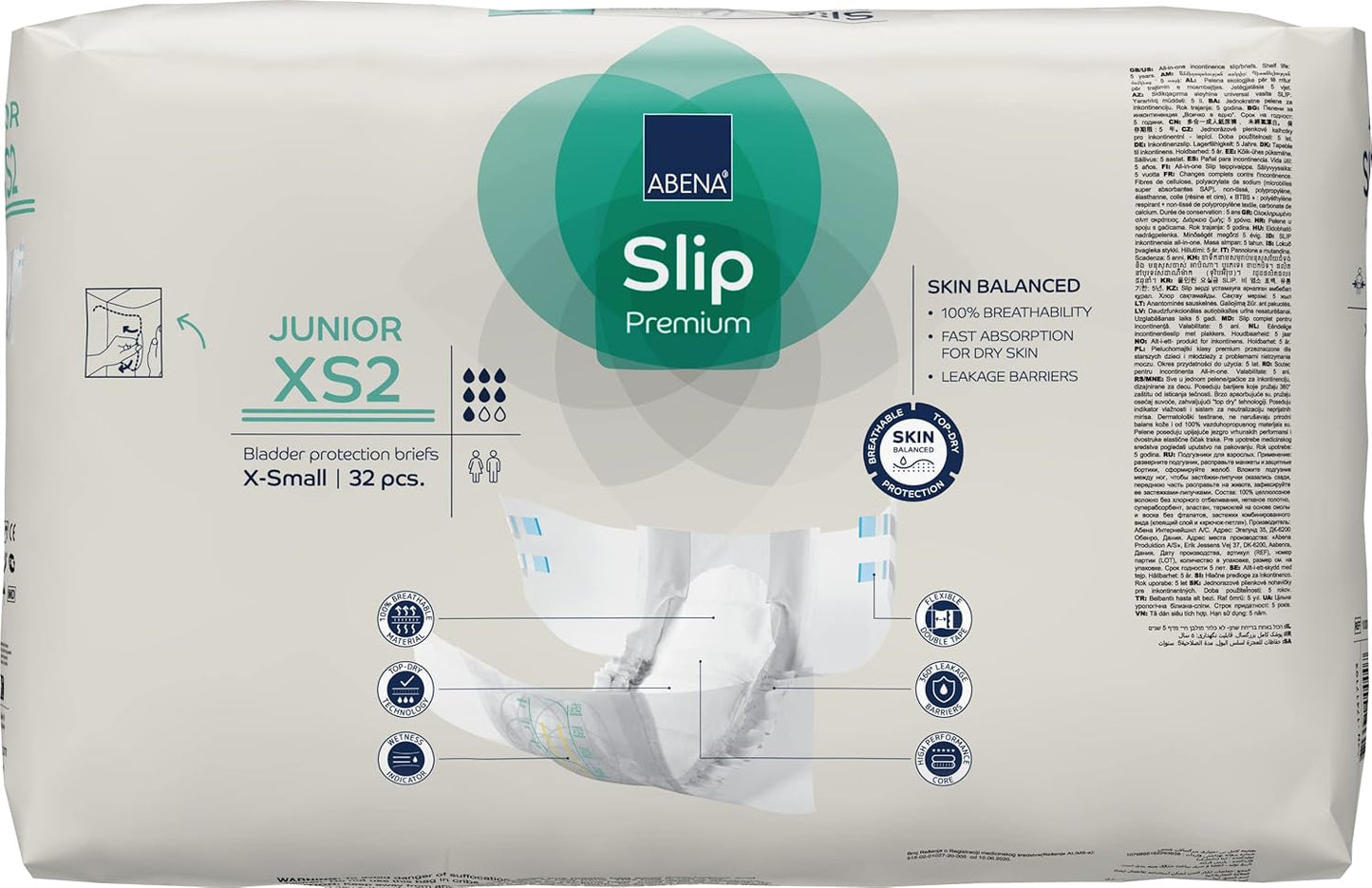 Premium-Slip-Windeln für Junioren, Umweltzeichen, verbesserter Auslaufschutz, sichere und bequeme Babywindeln – Größe 7/XS2, Taillenumfang 40–60 cm, Alter 5–15 Jahre, 1 x 32er-Pack