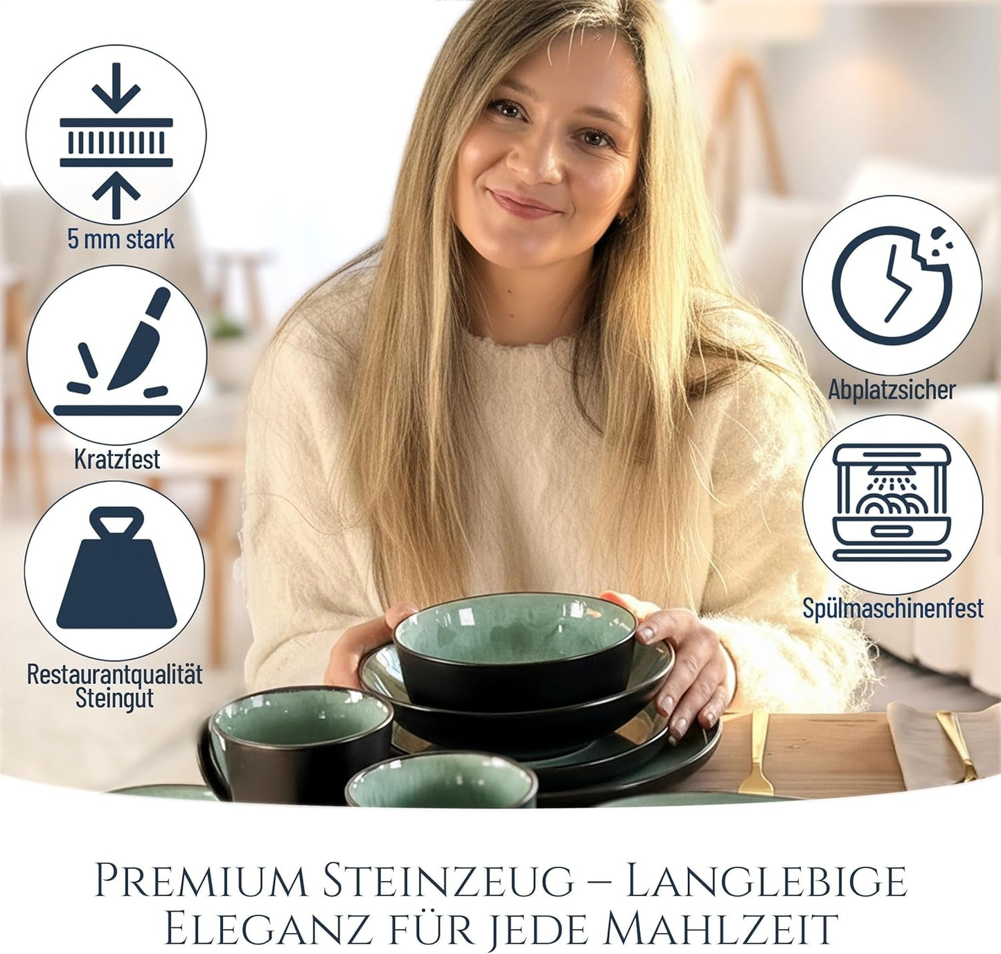 24-teiliges Keramik-Steinzeug-Geschirrset für 6 Personen, Ibiza-Design, TESTSIEGER. Ein wunderschönes mediterranes Geschirrset mit Schüsseln und Tellern. Pure Living Geschirrset, Salbeigrün.