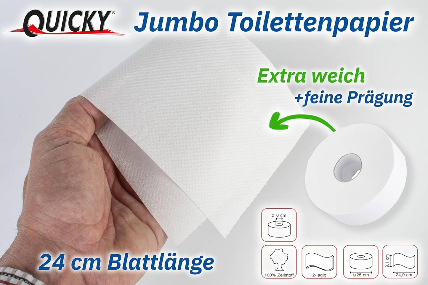Quicky Jumbo 2-lagiges Toilettenpapier, 25 cm Ø, hochweiß, geprägt mit feinen Punkten, 6 Rollen – saugfähig und reißfest für maximale Hygiene, ideal für öffentliche Einrichtungen und Industrie