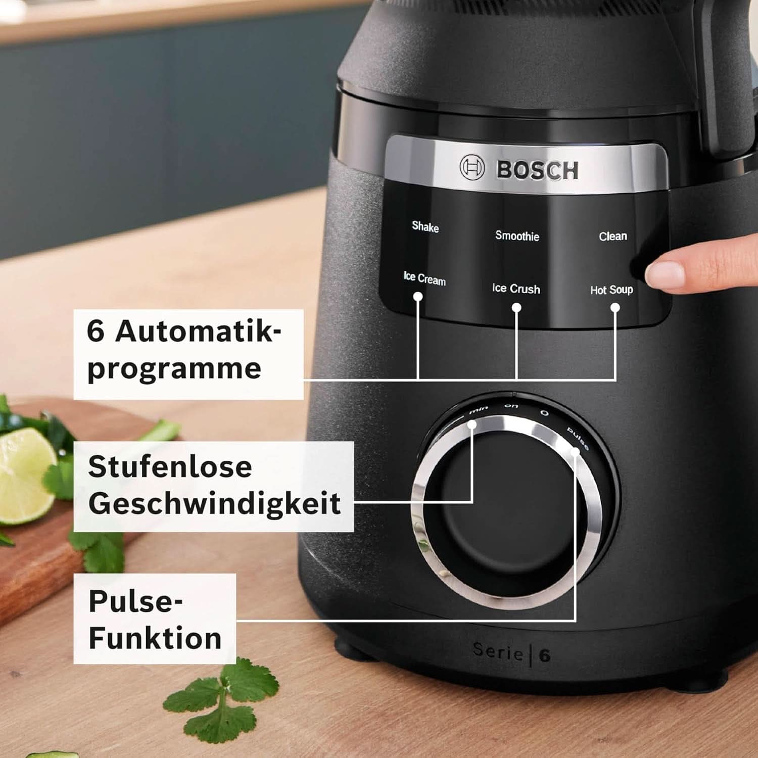 Highspeed-Standmixer Vitapower Serie 6 MMBD665B1, 45.000 U/Min, 6 Programme Inkl Heiße Suppe & Reinigung, 2 L Mixbehälter, Stopfer, Spülmaschinenfeste Teile, Made in Europe, 1800W, Schwarz Kitchen Naty Shop