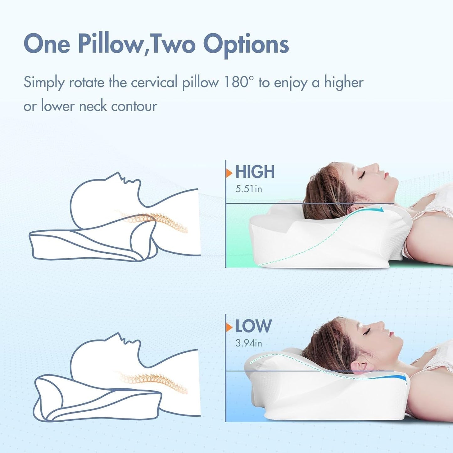 Elegear Memory-Schaum-Kissen mit kühlendem Kissenbezug, Nackenschmerzen-Kissen, Seitenschläferkissen, ergonomisches Kissen, orthopädisches Kissen für Seitenschläfer, Rücken, Bauch, 63 x 10/14 x 36 cm, orthopädische Nackenkissen, Naty Shop