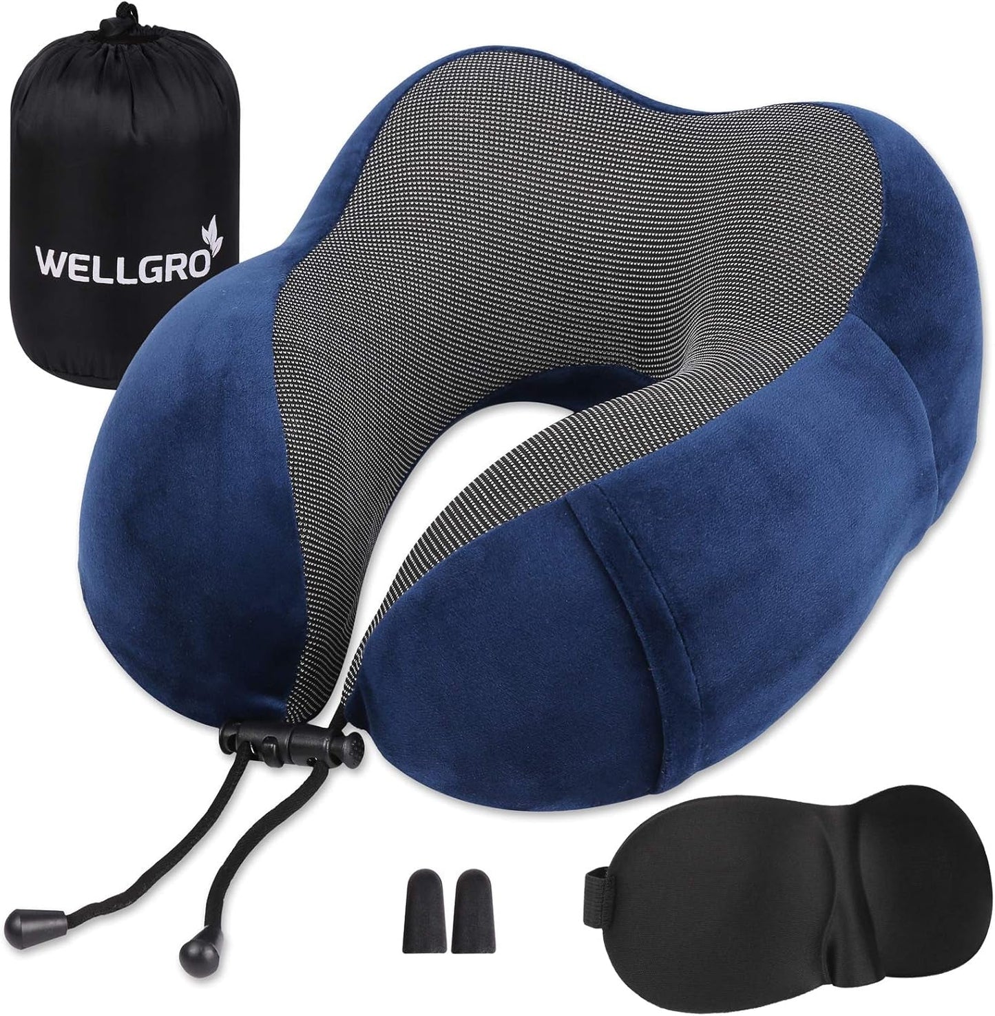 WELLGRO Nackenkissen-Set mit 3D-Schlafmaske und Ohrstöpseln – abnehmbarer Bezug – Memory-Schaum – Reißverschluss – inklusive Aufbewahrungstasche – Reisekissen – Farbe wählbar, Farbe: Grau. Zervikale orthopädische Kissen Naty Shop Dunkelblau