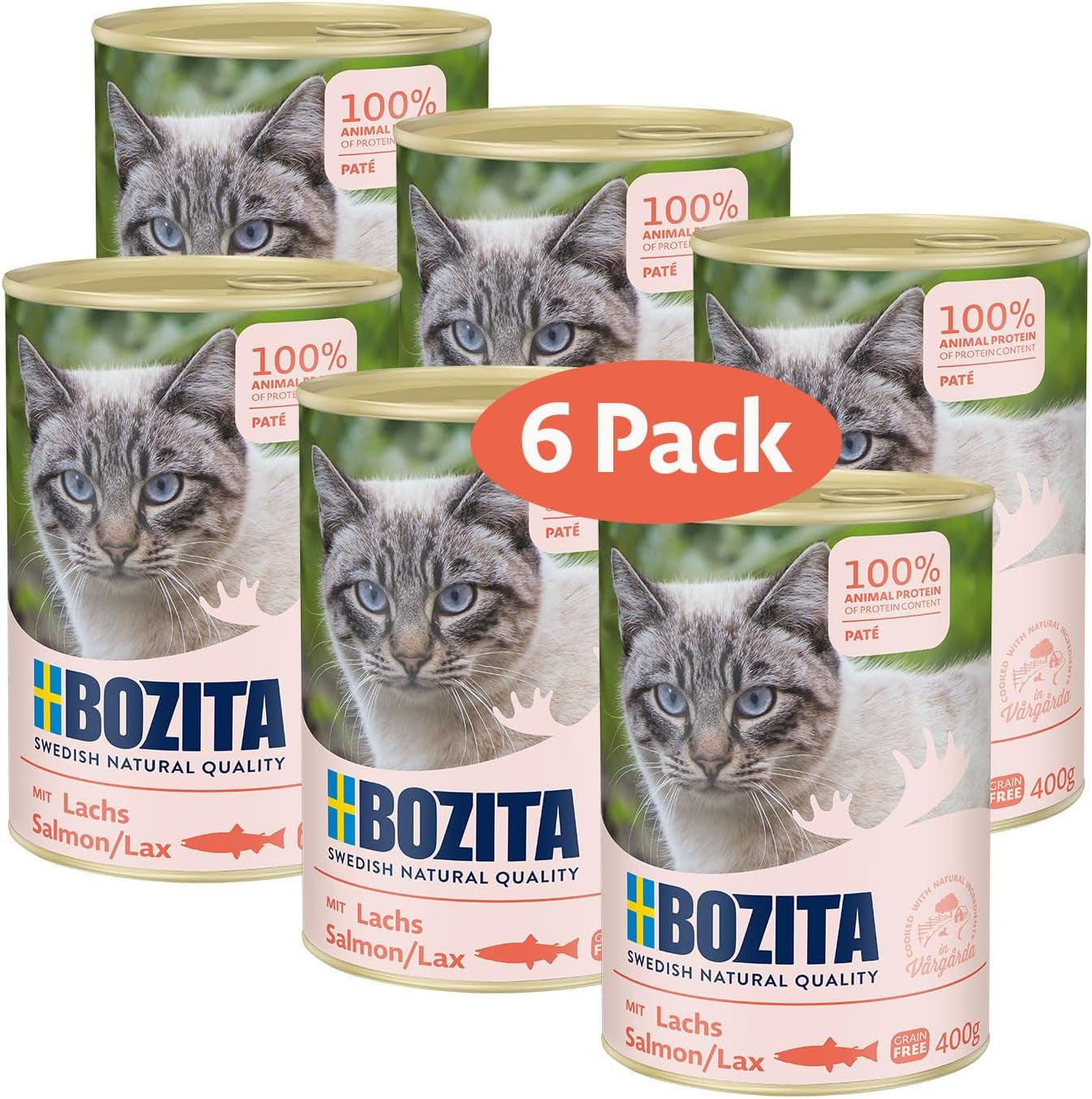 Bozita getreidefreie Lachspastete – 6 x 400 g Nassfutter für Katzen und Kätzchen. Alleinfuttermittel mit 9,5 % Eiweiß und 5 % Fett, hergestellt aus hochwertigen natürlichen Zutaten, getreidefrei – aus Schweden