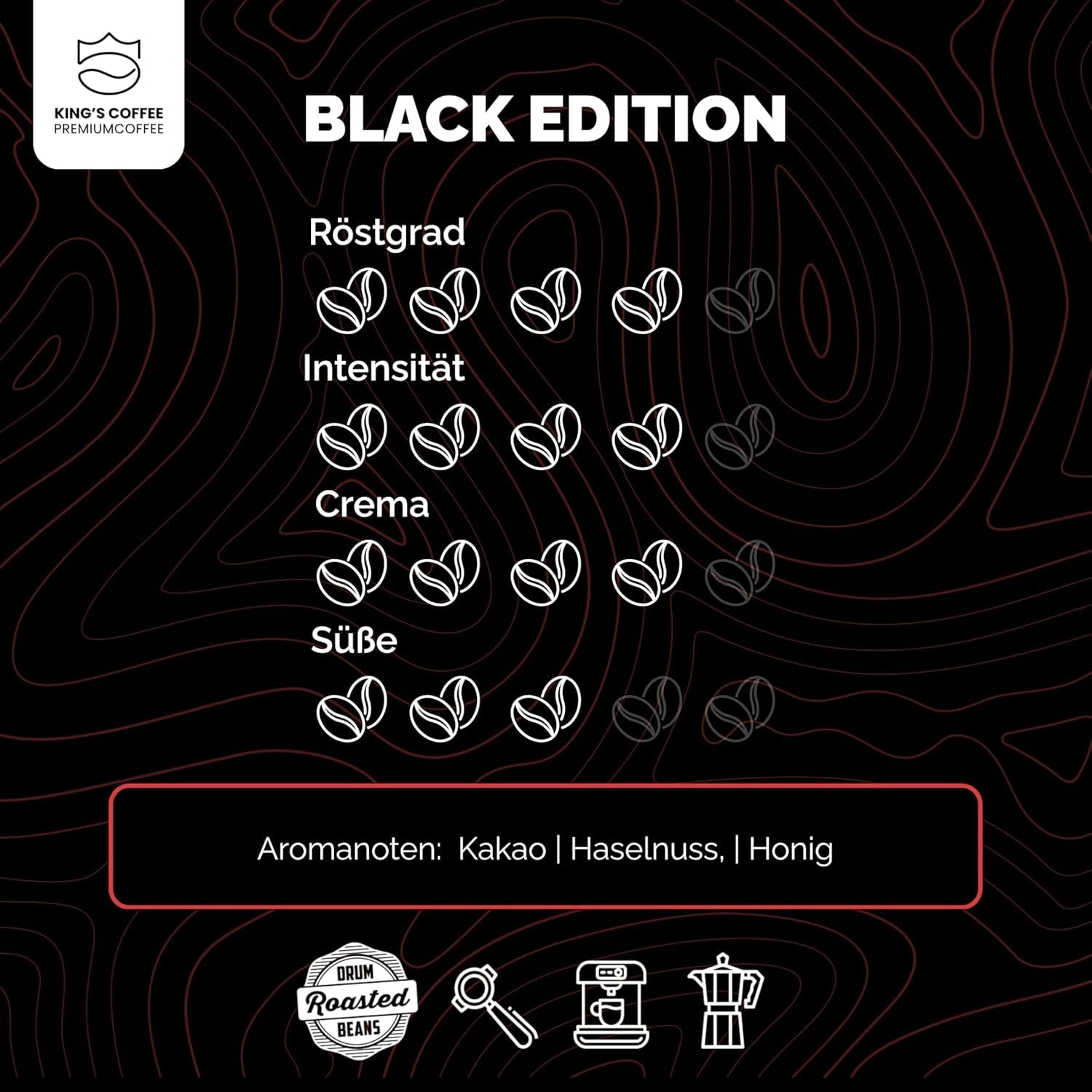 KING'S COFFEE – BLACK EDITION – 1 kg intensive, cremige Kaffeebohnen – Kaffee mit geringem Säuregehalt – Kleinserienröstung aus Italien – Starke Arabica-Espressobohnen (Mischung) für Vollautomaten und Siebträgermaschinen