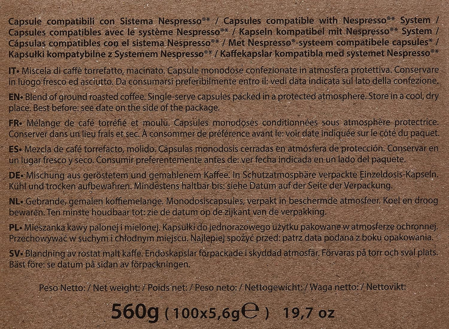 Decaffeinato-Kaffeekapseln, Nespresso-kompatibel, 5,6 g x 100 Kapseln