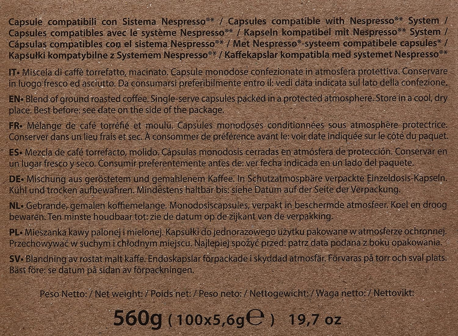 Decaffeinato-Kaffeekapseln, Nespresso-kompatibel, 5,6 g x 100 Kapseln