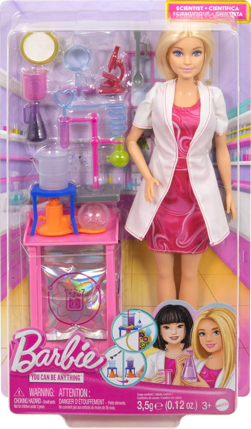 Barbie-Wissenschaftlerpuppe und Zubehör mit modischer blonder Puppe, Labortisch, Mikroskop, Farbwechselbecher und Petrischale, JCR70