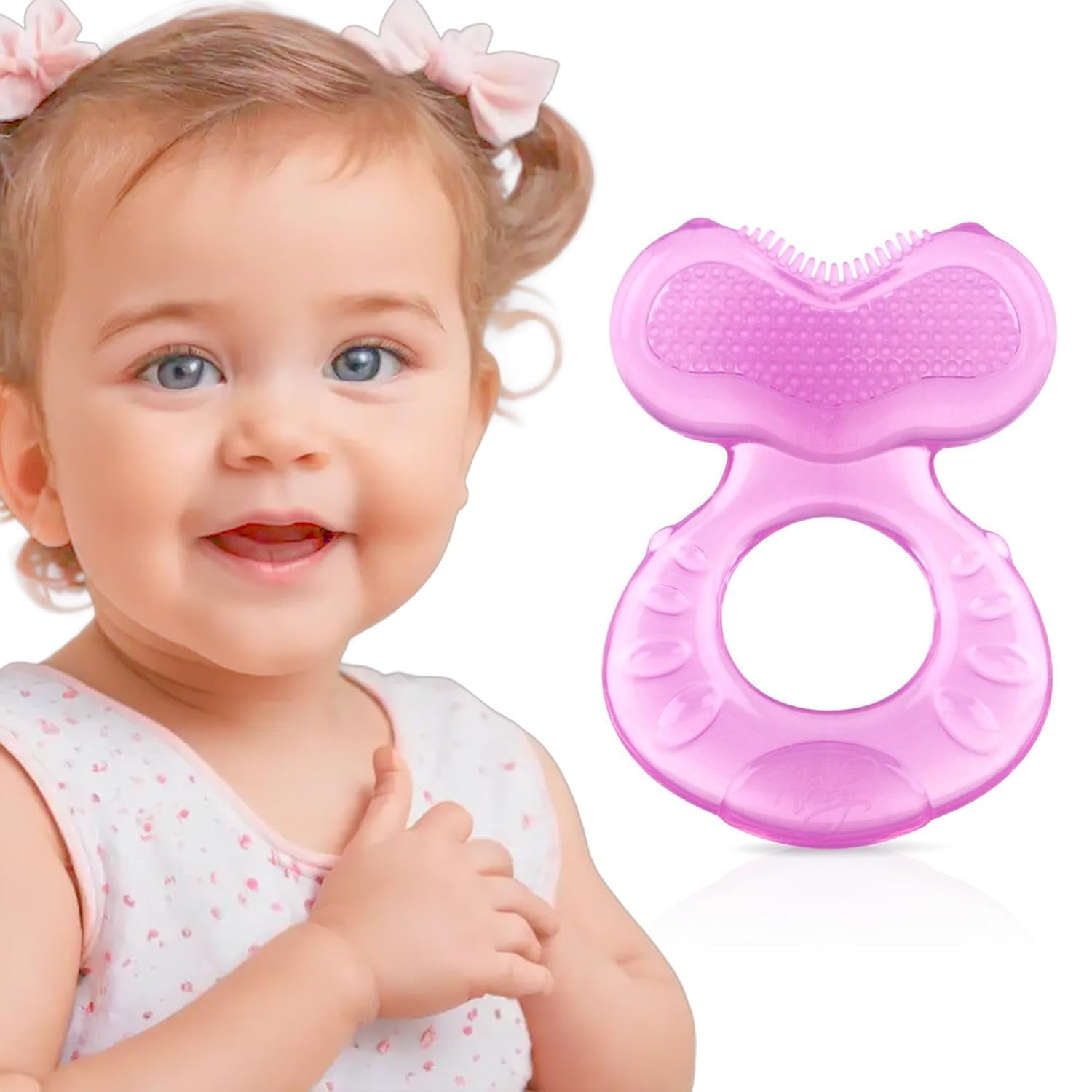 Nuby Teethe-eez Beißring aus weichem Silikon | Zahnungshilfe aus Silikon mit strukturierter Oberfläche zum Massieren des Zahnfleisches | Inklusive Hygienebezug | Rosa | Ab 3 Monaten