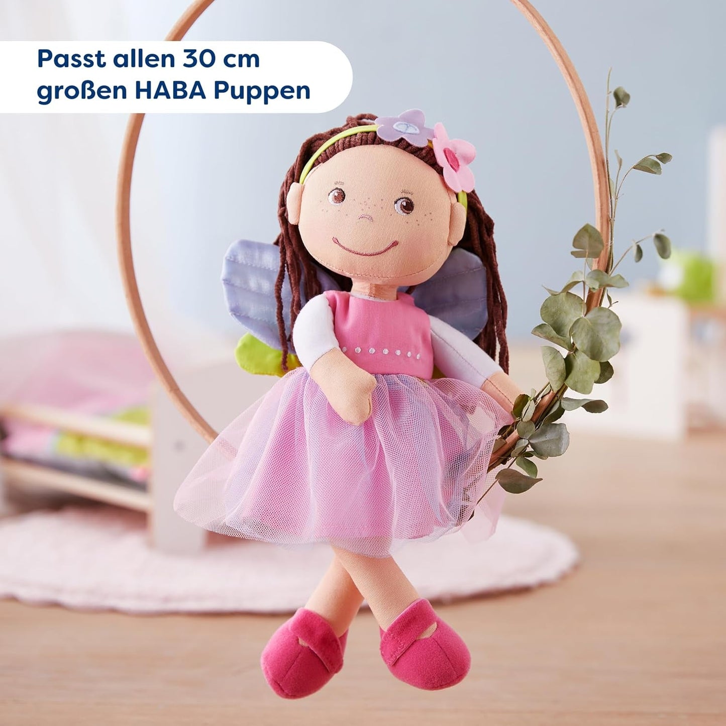 HABA Fairy Magic Puppenkleidung – 2-teiliges Set für Puppen ab 18 Monaten (30 cm) – Tüllkleid mit Flügeln, Blumen-Haarband im Lieferumfang enthalten – 1306243001
