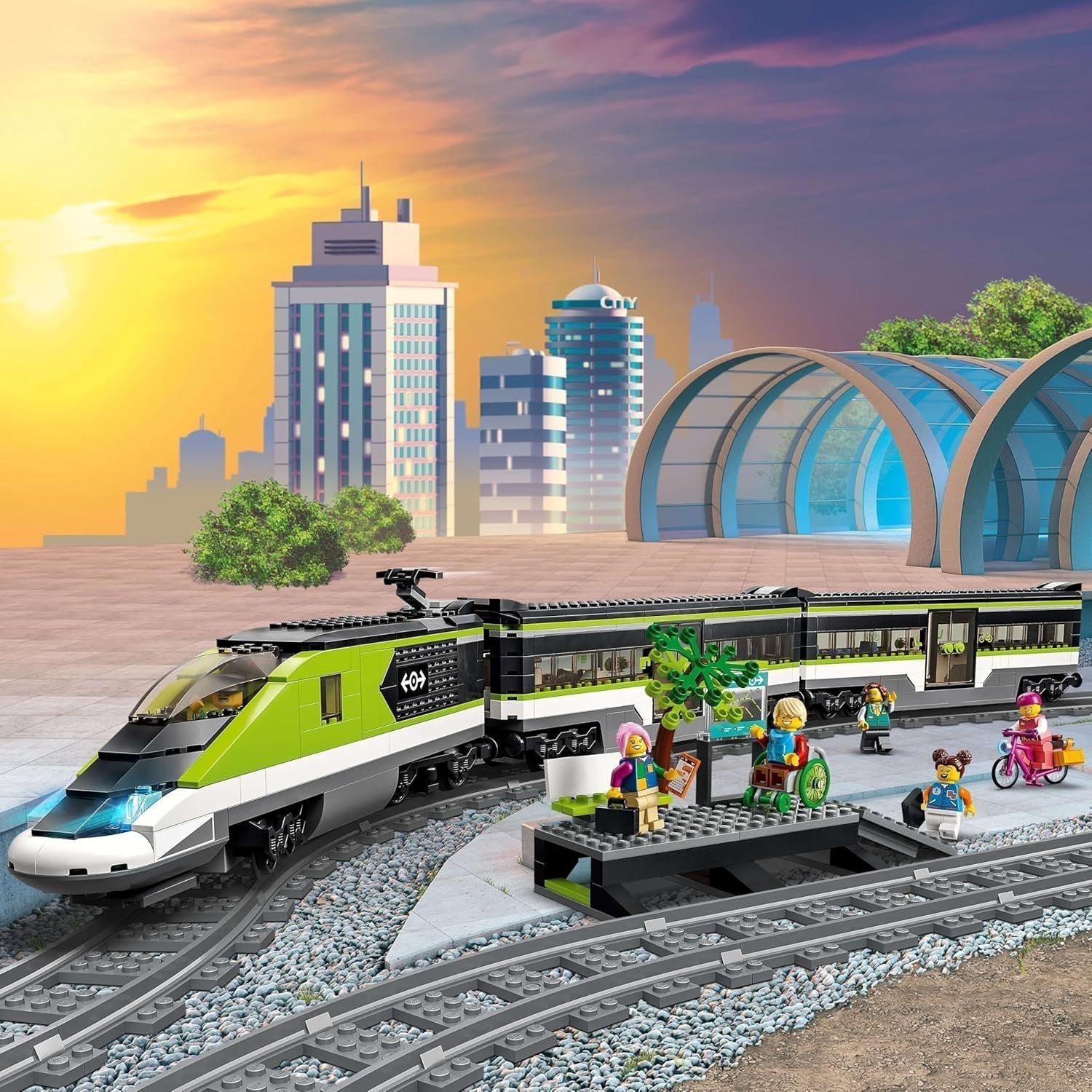 LEGO City Personen-Expresszug, ferngesteuertes Zugset, Eisenbahnspielzeug mit Scheinwerfern, 2 Waggons und 24 Gleiselementen, Geschenk für Kinder, Jungen und Mädchen 60337 Bausets Besuchen Sie den LEGO-Store