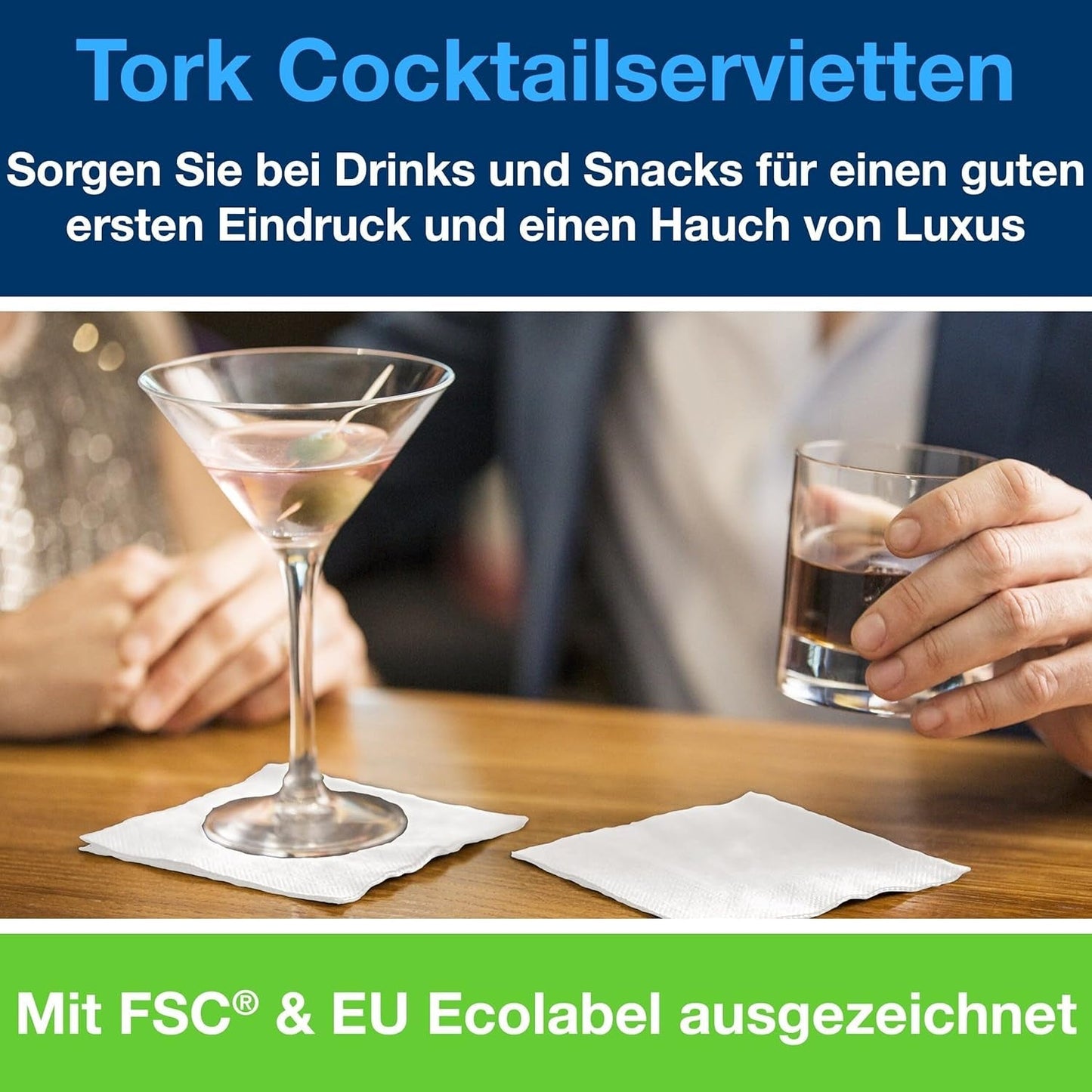 Tork Cocktail White Servietten, 1/4-Faltung, 2-lagig, 24 cm × 24 cm, 200 Servietten, 477534