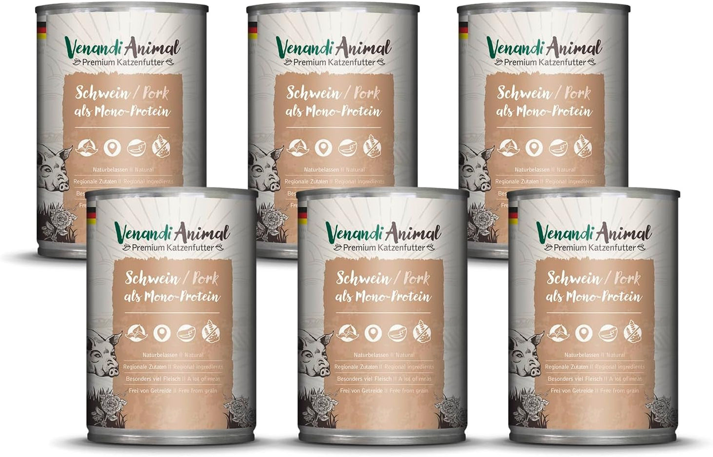 Venandi – Premium-Nassfutter für Katzen – Schweinefleisch als Single-Protein, 6 x 400 g (6er-Pack), getreidefrei mit extra Fleisch