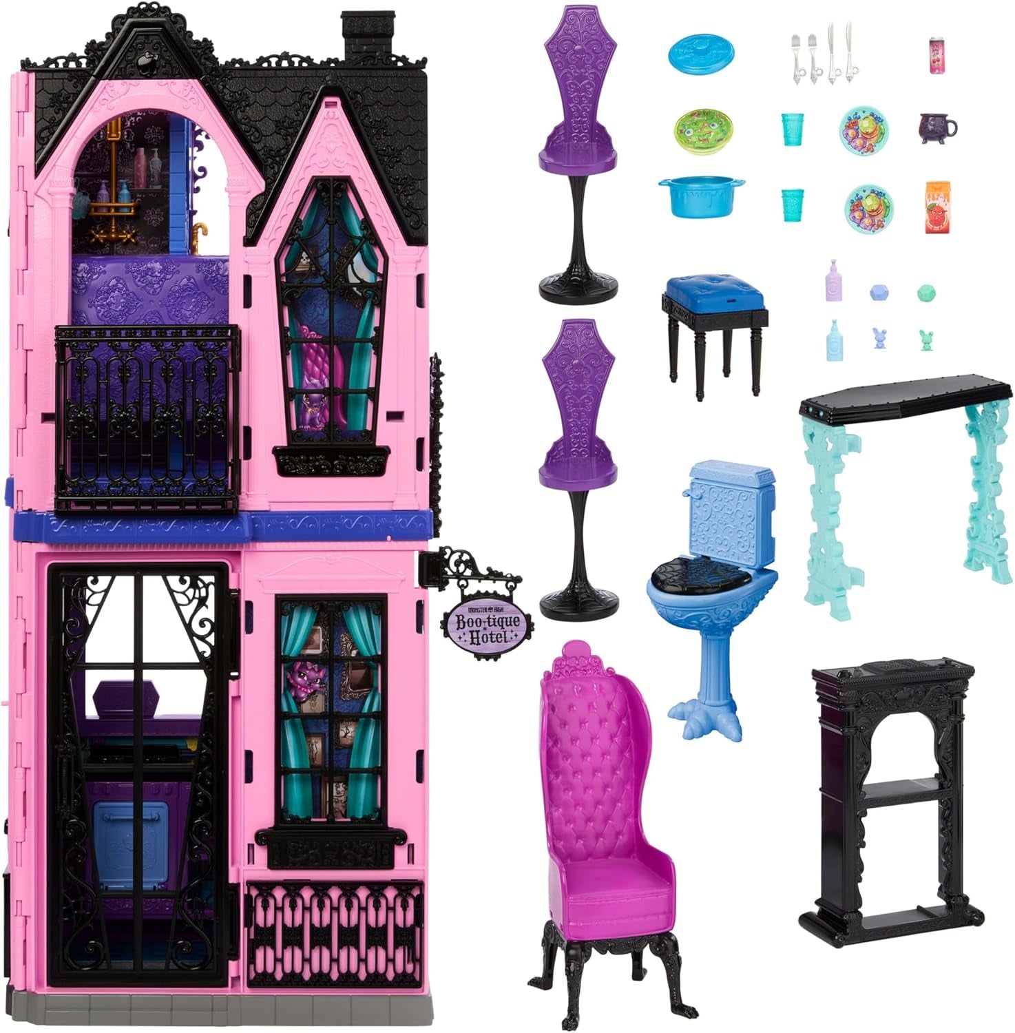 Monster High Buh-tique Hotel-Puppenhaus, faltbares Spielset mit gruseligen Überraschungen in jedem Zimmer und über 13 Spielsets, einschließlich Möbeln und Zubehör, JBF16