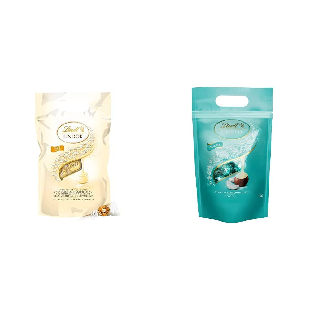 LINDOR weiße Schokoladenkugeln, 1 kg und LINDOR | 1 kg wiederverschließbarer Beutel | ca. 80 Vollmilchschokoladenkugeln mit Minzfüllung | Großpackung, Pralinengeschenk, Schokoladengeschenk
