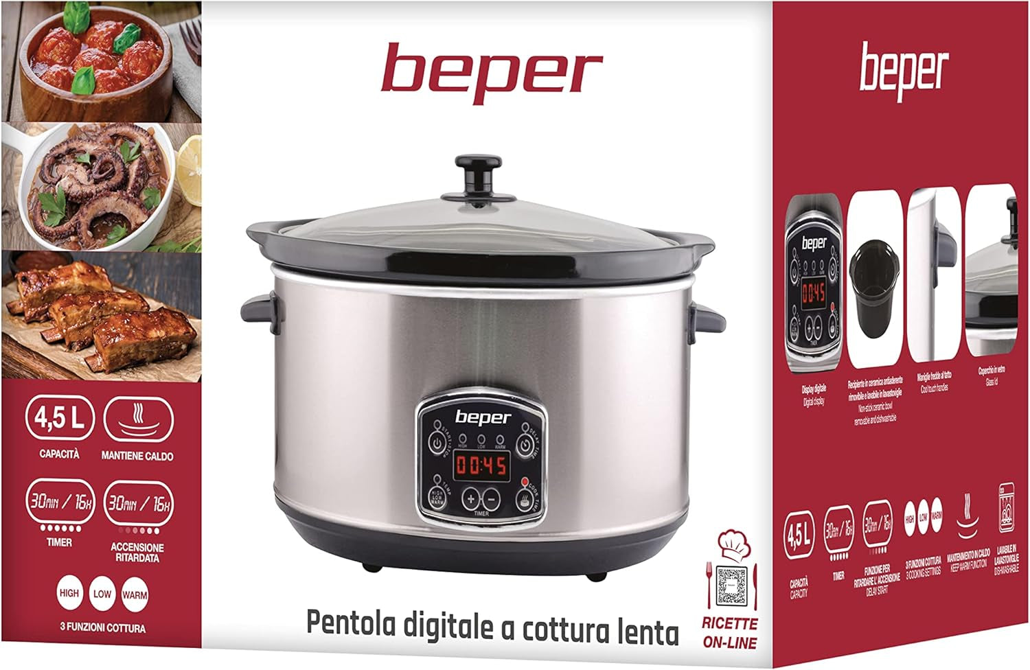 Beper BC.510 Slow Cooker, 280 W, 4,5 Liter, Keramikglas, Schwarz und Stahl Slow Cooker Naty Shop