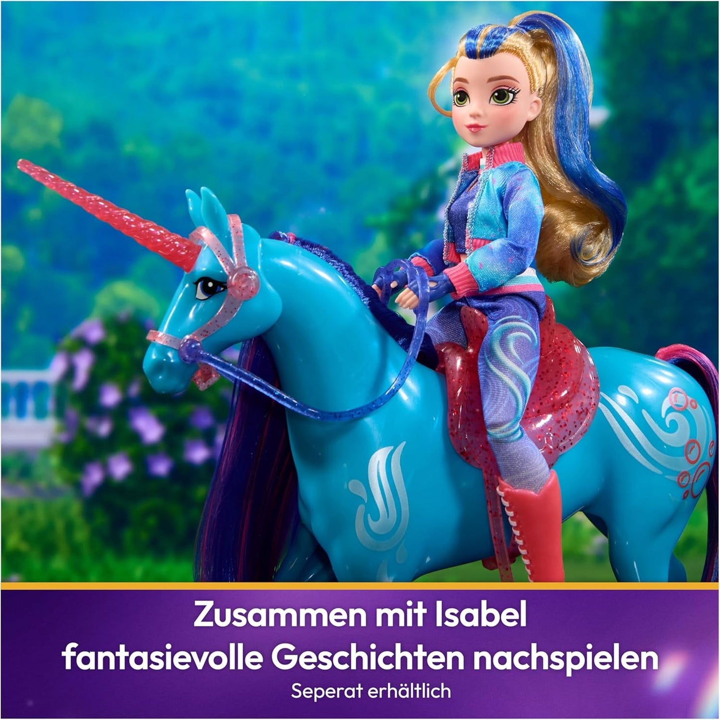 Unicorn River Einhorn-Akademie – 28 cm hohes, originales Isabel-Einhorn aus der Netflix-Serie, mit echter Mähne und Schweif, abnehmbarem Zaumzeug und Sattel sowie Bürste, für Kinder ab 4 Jahren