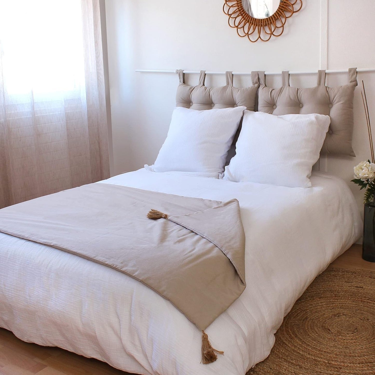 Decke „Enjoy Home“, Beige, Natur, mit 4 Jutebommeln, 90 x 190 cm, 100 % Baumwolle, Öko-Tex-zertifiziert, Panama-Kollektion, Naty Shop Decken und Steppdecken