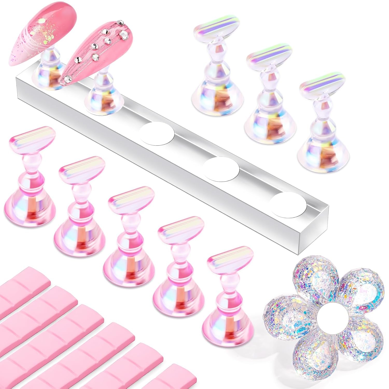 Makartt Acryl-Nagelhalter, magnetischer Nagelhalter, Nagelhalter, transparenter rosa Nagelhalter mit 48 Stück Klebemasse