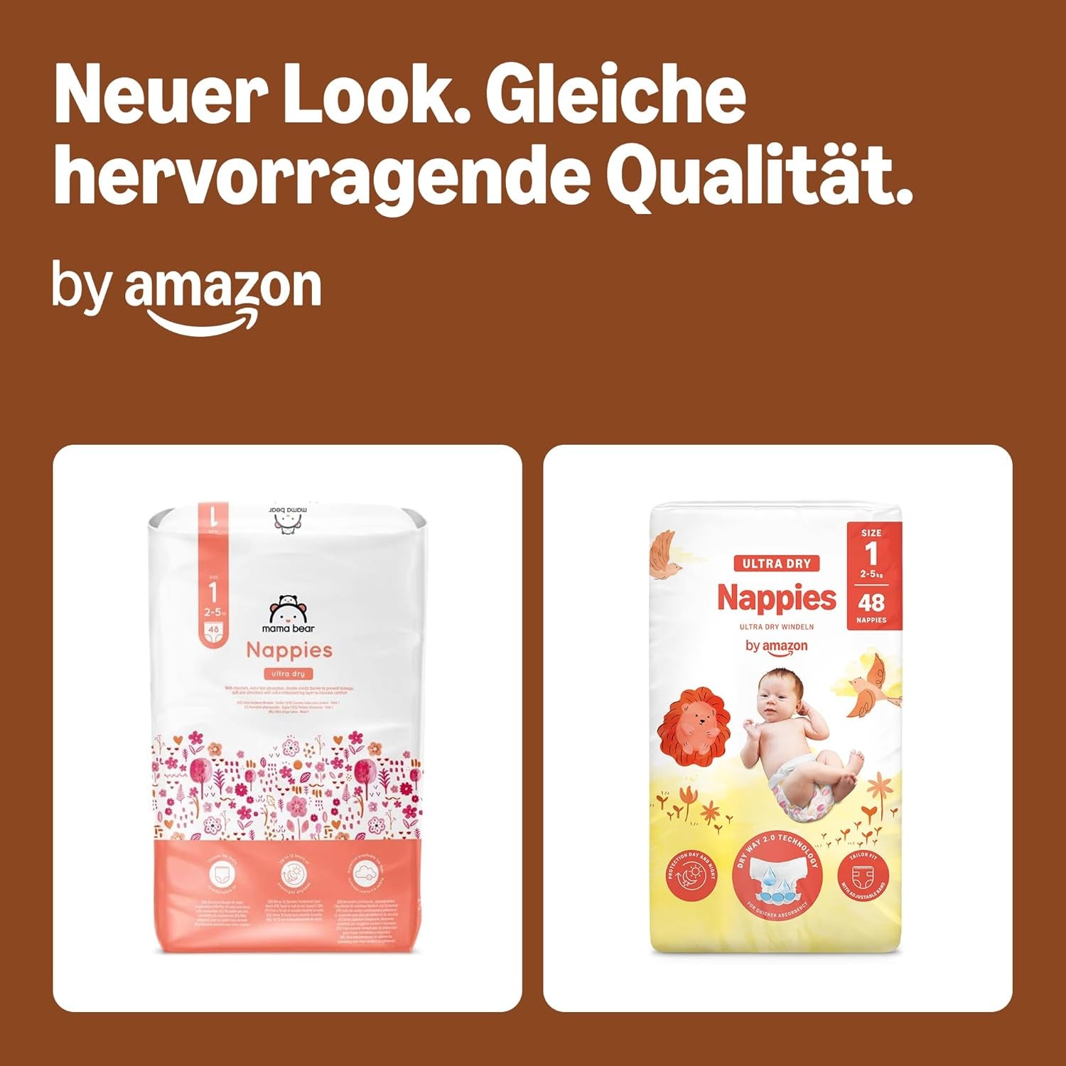 Amazon Ultra Dry Windeln, Größe 1 (2–5 kg) – Monatsbox, Weiß, 96 Stück (2 Packungen à 48 Stück) (ehemals Marke Mama Bear, identisches Produkt)