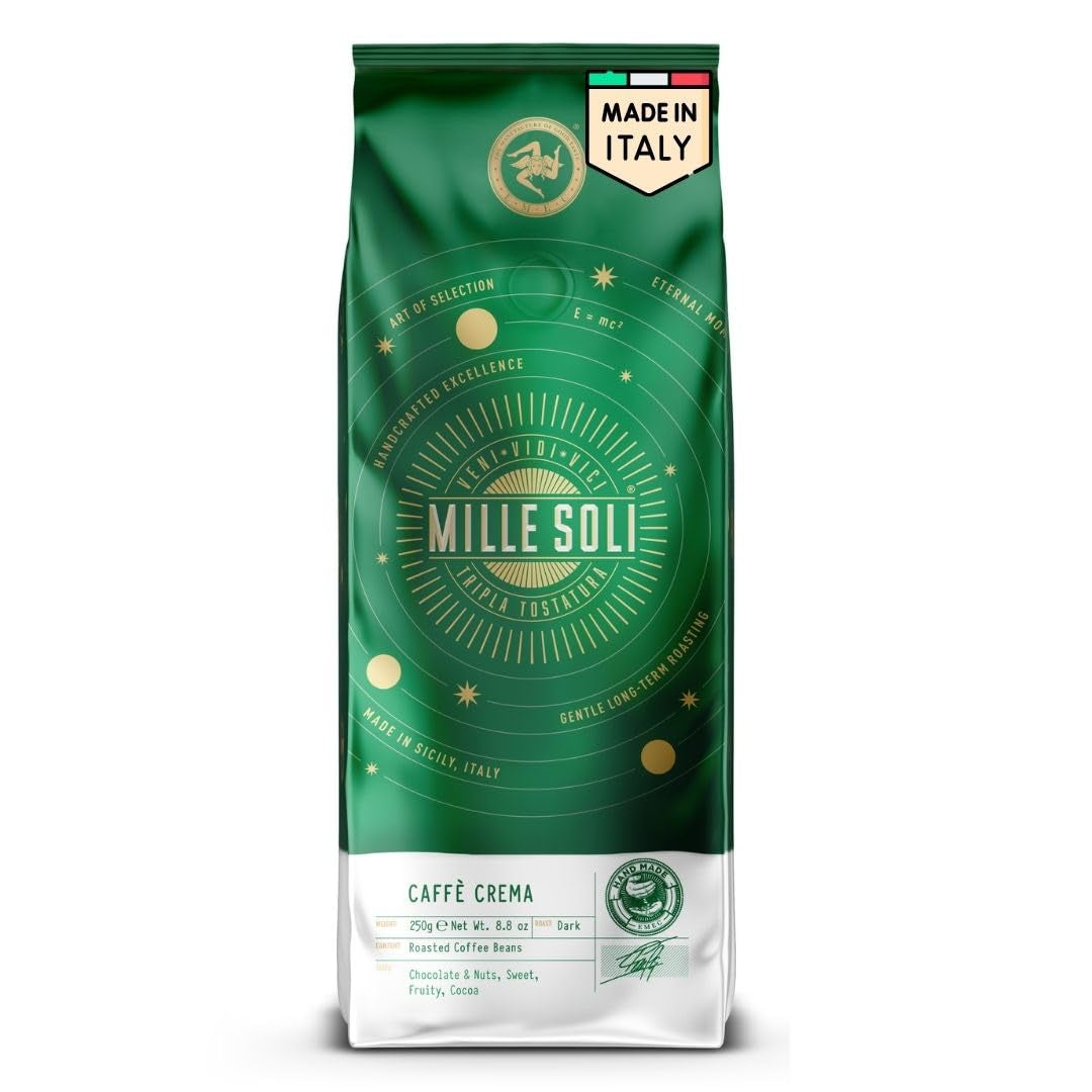 Caffè Crema – In Sizilien geröstete Kaffeebohnen – Traditionelles Langzeitröstverfahren mit perfekter Crema, 250g-Beutel, extra niedriger Säuregehalt für Vollautomaten und Siebträger