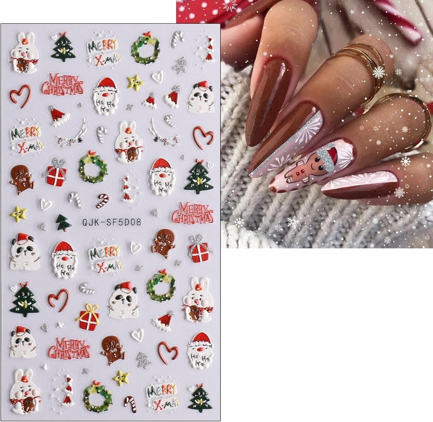 Weihnachts-3D-Nagelaufkleber, 4 Bögen, 5D-Nagelaufkleber, stereoskopische Nagelaufkleber, Dekorationen, Nageldesign-Zubehör