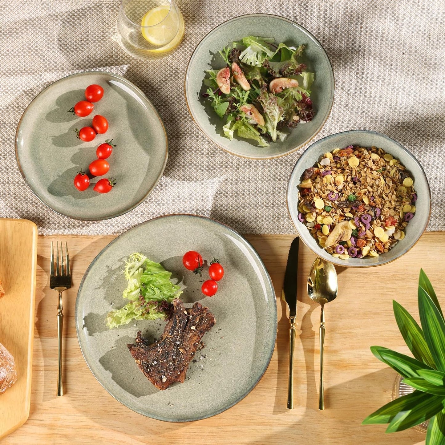 GBhome 6-Personen-Keramikgeschirr-Set, 24-teilig, mit reaktiver Glasur, handgefertigt, mikrowellen- und spülmaschinenfest, Schüssel- und Teller-Set, Desret Sage GDW007GY-24P-EU