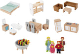 E3405 – Puppenhaus, Puppenhaus mit Zubehör, Holz und E3475 – Puppenhauszubehör, Familienauto