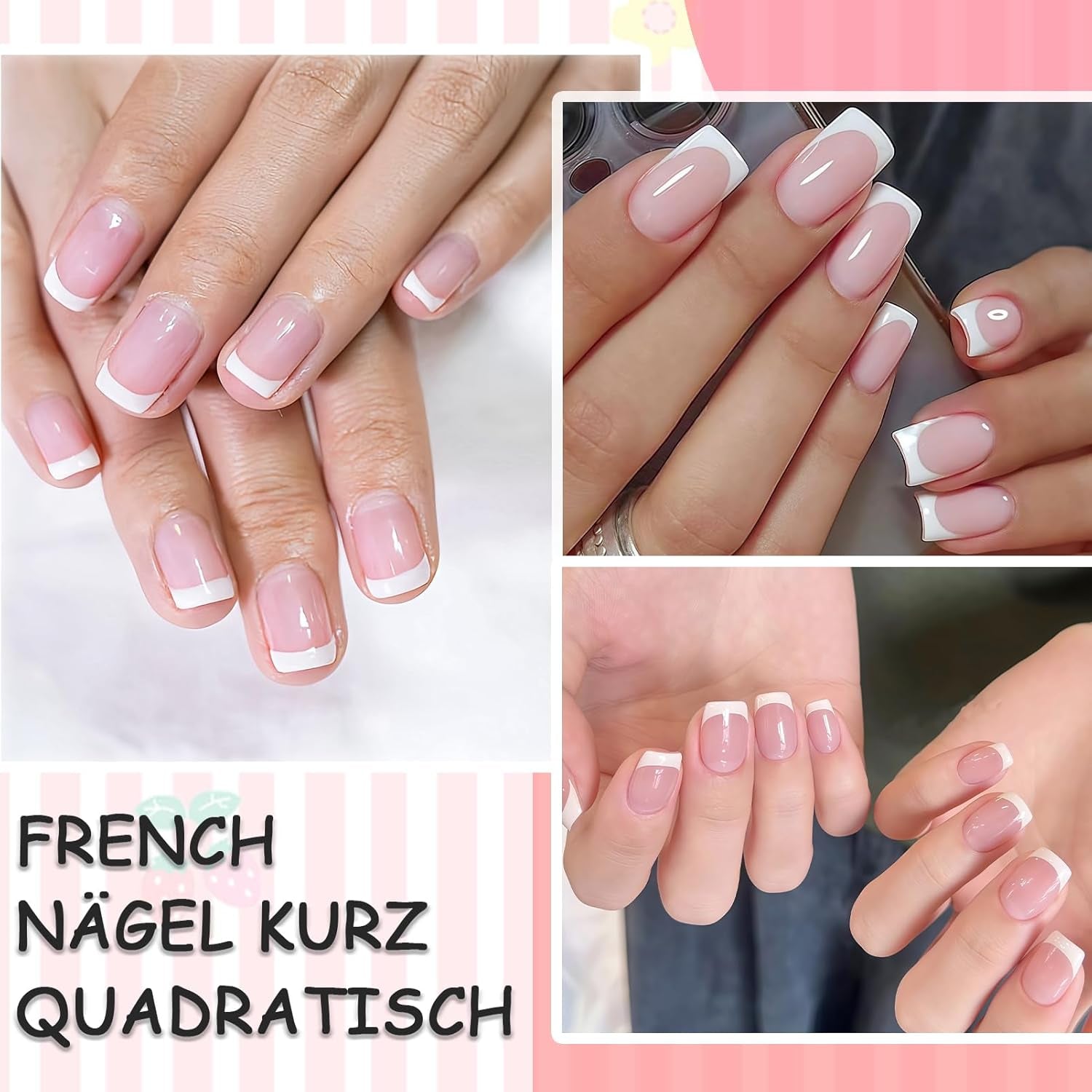 Hellrosa selbstklebende French-Nägel – 32 Stück zum Aufkleben auf French-Nägel – quadratische kurze Kunstnägel – atmungsaktiver Kleber auf künstlichen Nägeln – vollständig bedeckende Kunstnägel für Frauen (Hellrosa)