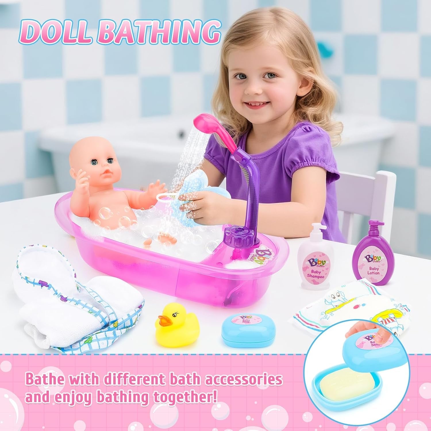 deAO Puppenbadewannen-Set, 33 cm große interaktive Puppe, Puppenbadewanne, Puppenspielset mit Schnuller, Puppenkleidung, Bademantel, Puppenwindeln, Badewanne und funktionellem Duschspray