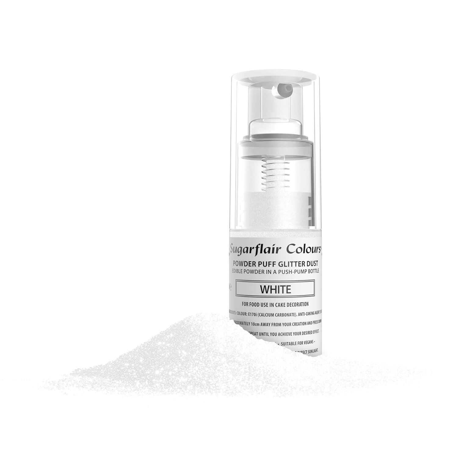 Weißes Pumppulver-Spray von Sugarflair – Lebensmittelfarbe zum Dekorieren von Kuchen, aerosolfreies Spray für Kuchen, Muffins und mehr – 10 g