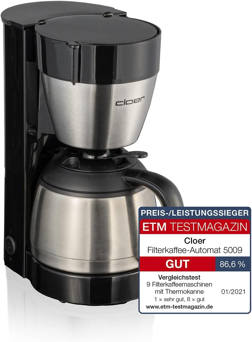 Cloer 5009 Warmhaltefilter-Espressomaschine für bis zu 8 Tassen, 800 W, mit isolierter Edelstahlkaraffe, 1 x 4 Filterbecher, Schwarz