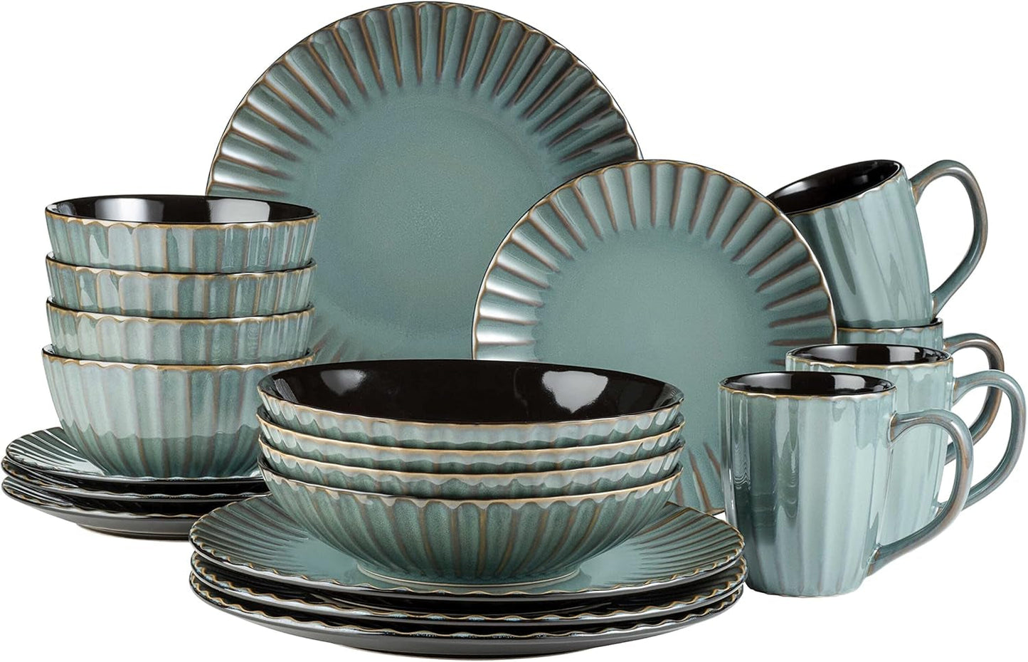MÄSER 931964 Tafelservice Serie Confino für 4 Personen, moderner Vintage-Look, Kombi-Set aus Keramik, 20-teilig, Petrolfarbe mit schwarzen Akzenten, gefliest