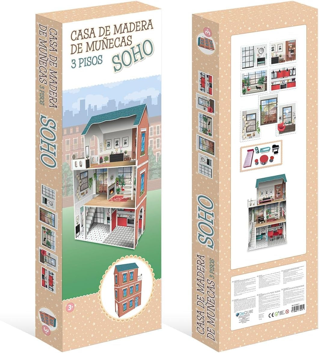 Soho-Madera Design 3-stöckiges Puppenhaus mit 8 Möbelstücken, Maße 120 x 33 x 75 cm (913D00181)