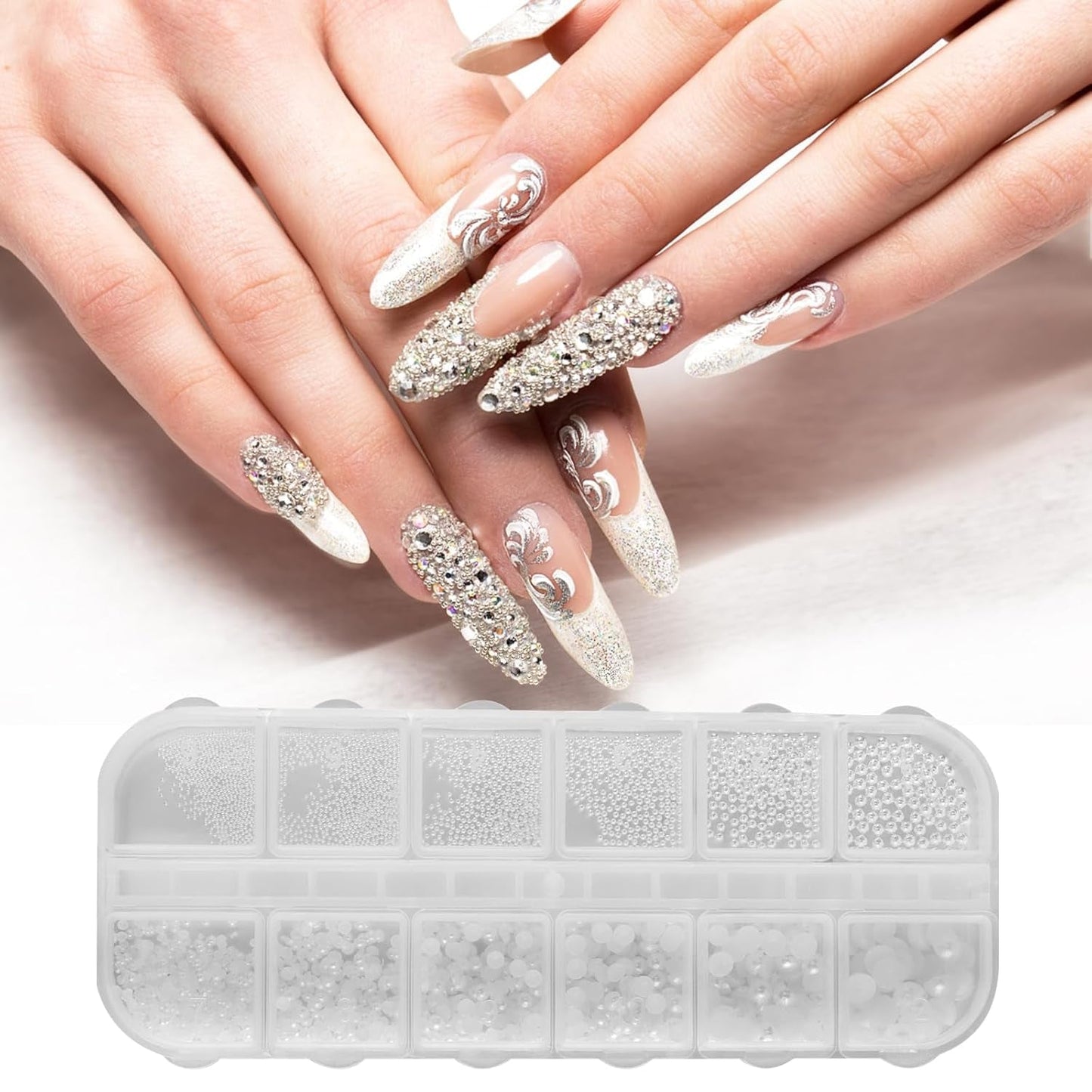 Nail Art Strasssteine ​​1 Schachtel, Nail Charms, 12 Typen Weiße Perlen Für Nägel, Flatback Rhinestones, Klein Edelstahl-Perlen, Nagel Deko, Nagel Zubehör
