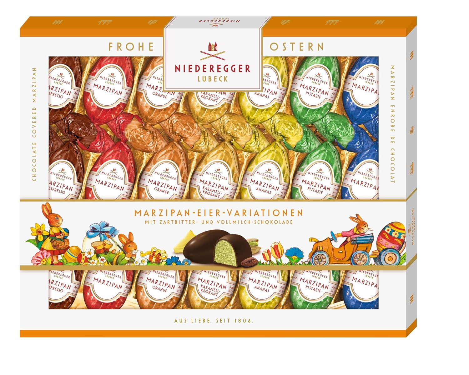 Niederegger | Marzipan-Eier | 1 x 262g | Varianten: Classic, Milchschokolade, Orange, Caramel Crunch, Ananas, Espresso und Pistazie | Überzogen mit dunkler und Milchschokolade | Ostergeschenk