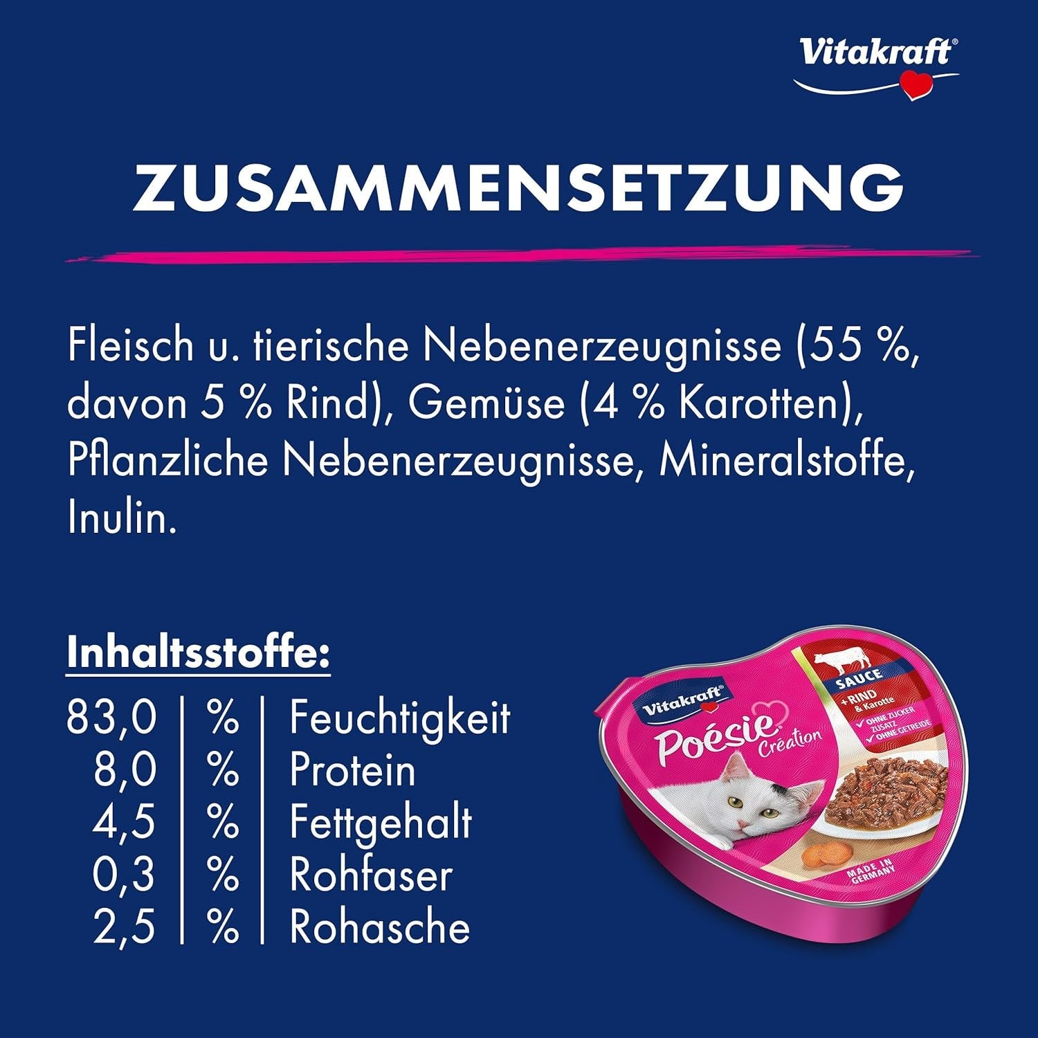 Vitakraft Poésie Création, Nassfutter für Katzen, Nassfutter in Soße, mit Rindfleisch und Karotte, Großpackung, ohne Zusatz von Zucker oder Getreide (15 x 85g)