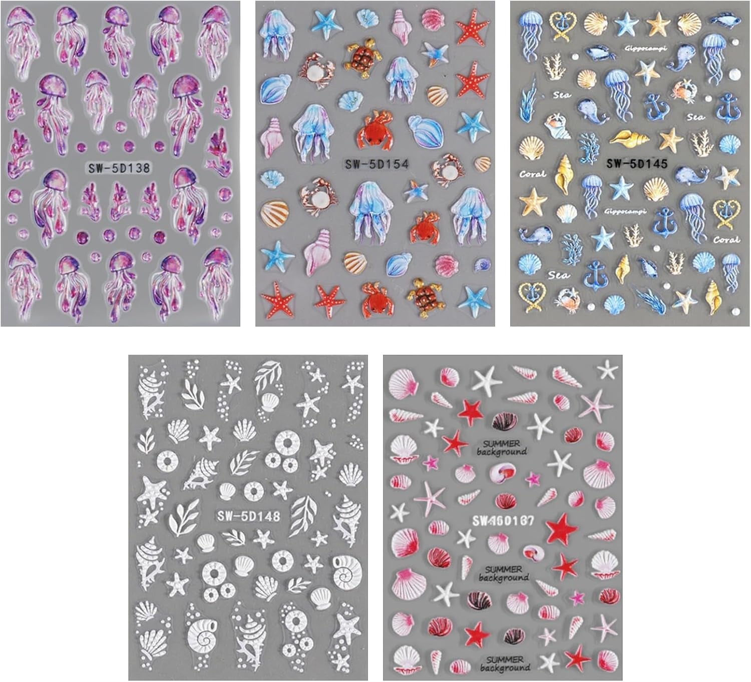 5 Stück 5D-geprägte Nagelaufkleber, Ozeanmuster, Nagel-Charms, Ozean-Sommer-Nagelaufkleber, Muscheln, Meerestiere, niedliche Nageldesign-Aufkleber, Nageldesign-Zubehör