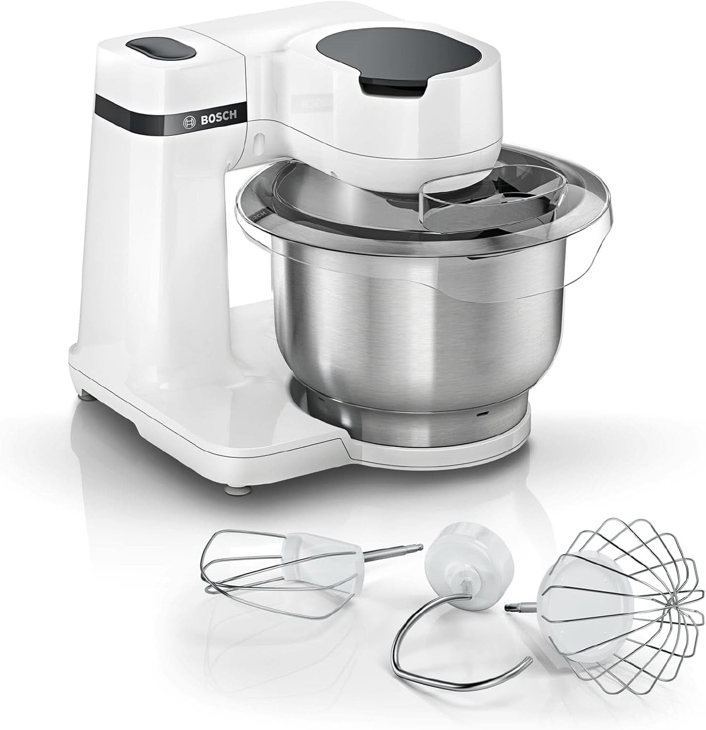 Bosch Küchenmaschine Serie 2 MUMS2EW00, Edelstahl-Schüssel 3,8 L, Planetenrührwerk, Knethaken, Schlag-, Rührbesen Edelstahl, 4 Arbeitsstufen, Durch Optionales Zubehör Erweiterbar, 700W, Weiß Kitchen Naty Shop