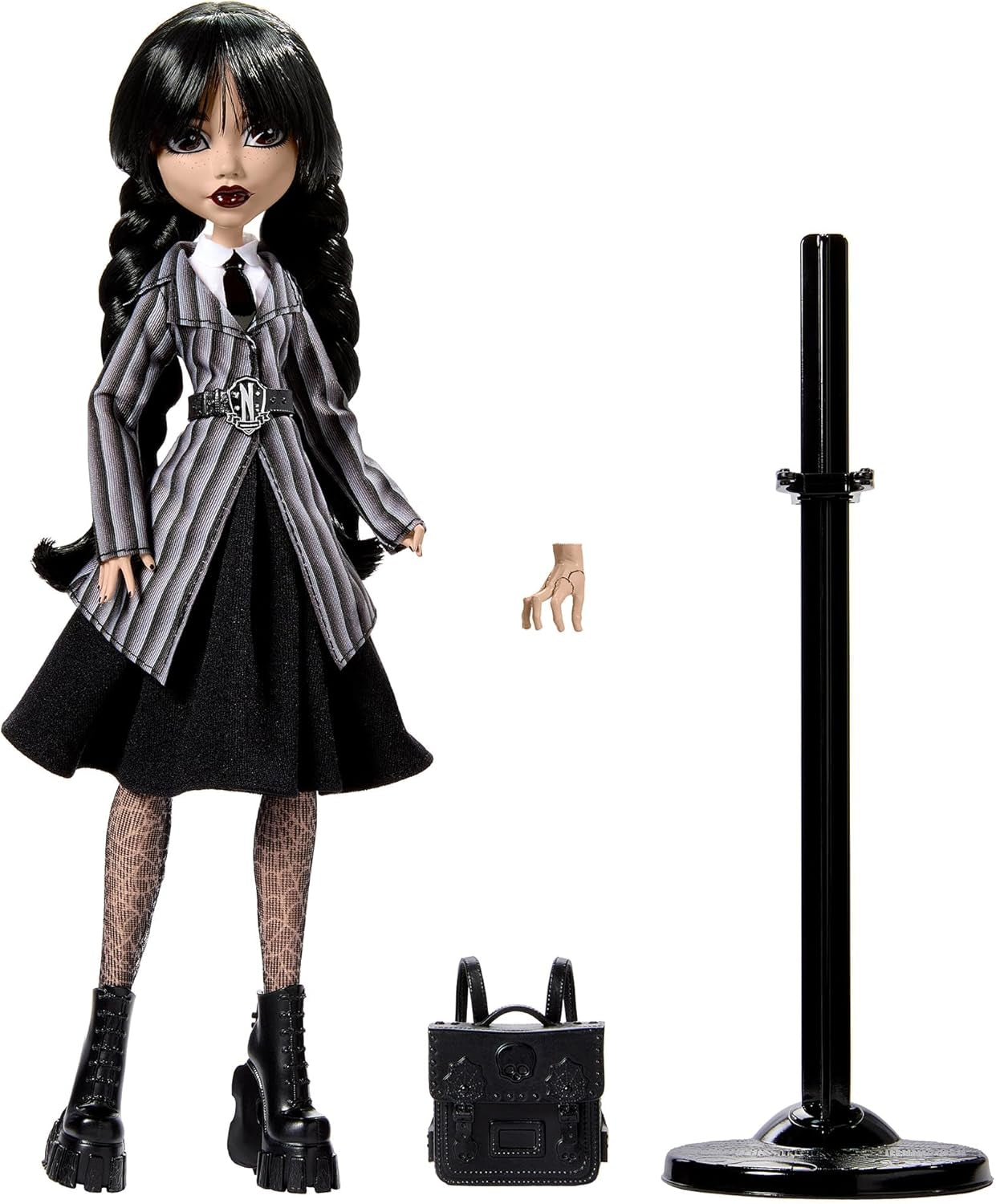 Monster High Wednesday-Puppe und Zubehör Wednesday Addams Sammelfigur in Nevermore Academy-Uniform mit eiskalter Hand und Rucksack-Puppenständer HXJ04 Naty Shop Dolls
