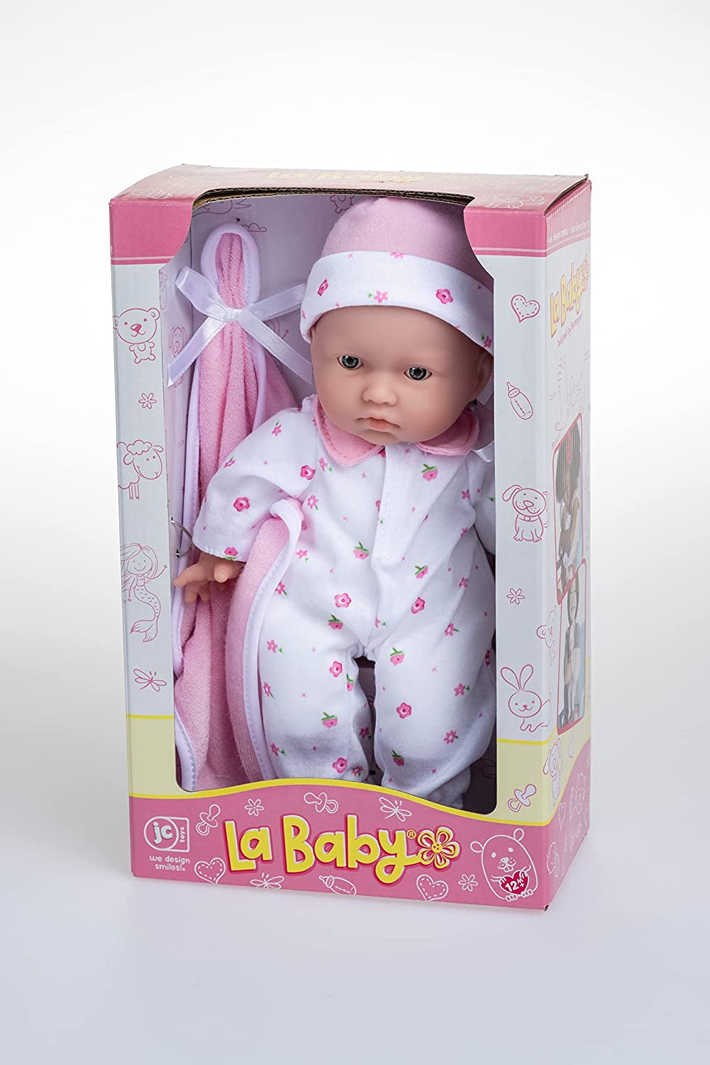 JC Toys La Baby Kaukasisches Babypuppen-Set – Weiche 28 cm Babypuppe, Waschbar, Abnehmbares rosa Outfit mit Hut, Decke & Schnuller, Für Kinder ab 12 Monaten