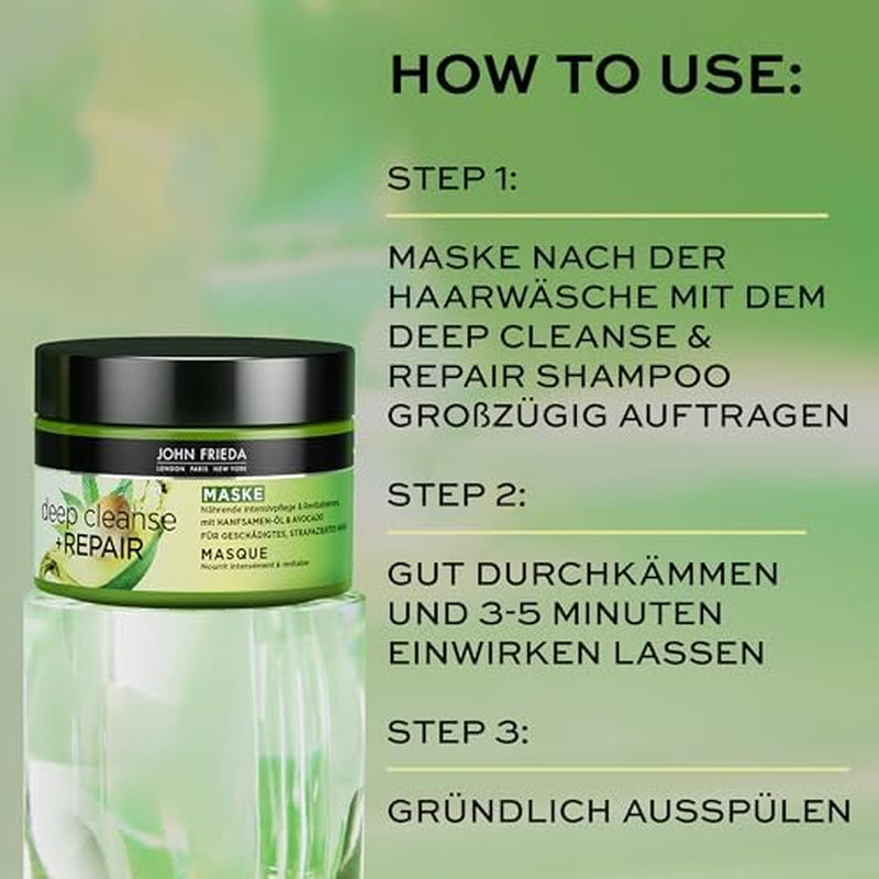 John Frieda - Deep Cleanse & Repair Mask / Treatment - Inhalt: 250 ml - Mit Hanfsamenöl + pflegender Avocado - Beruhigende Haarmaske für strapaziertes Haar Naty Shop Haarmaske