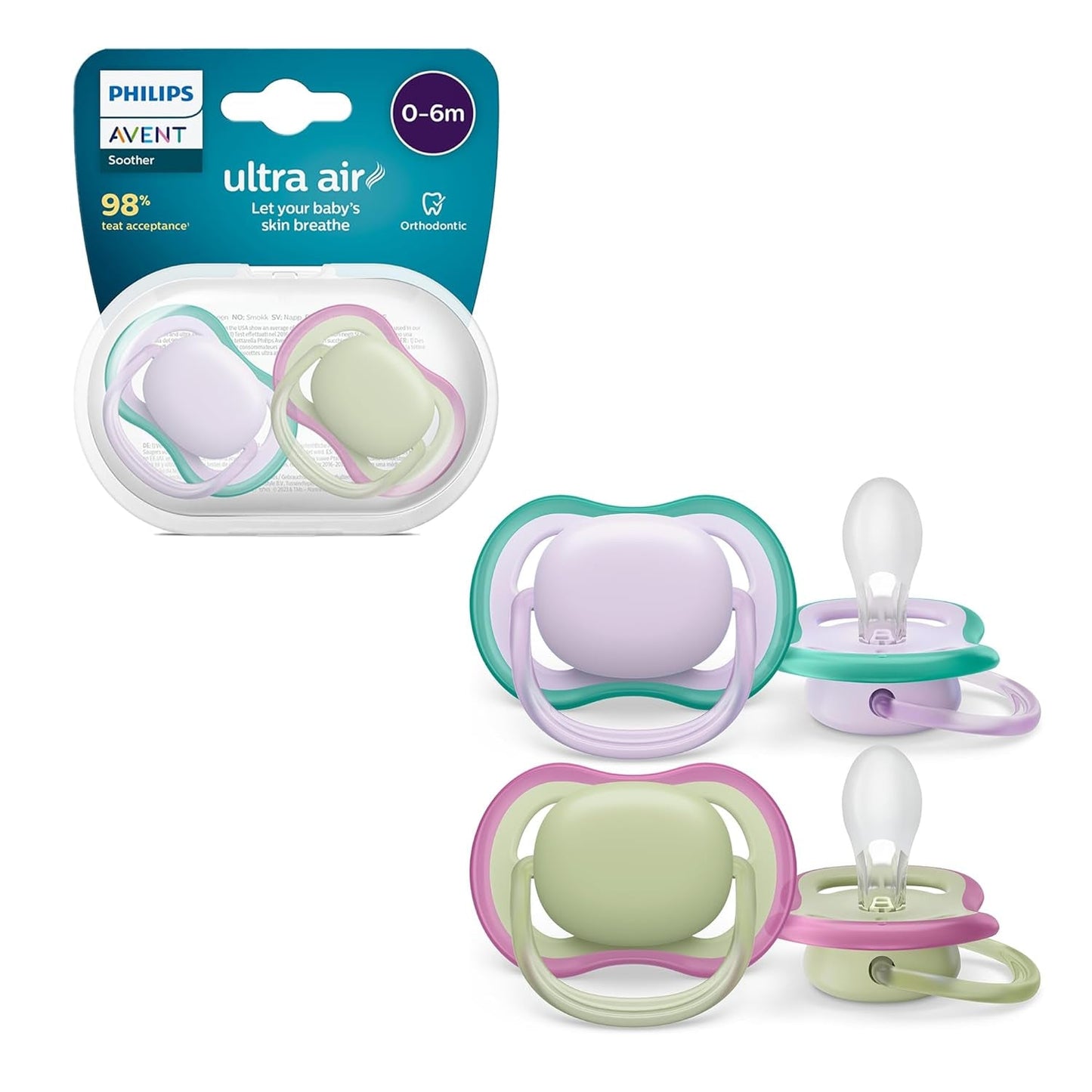 Philips AVENT ultra air Schnuller – Leichte und atmungsaktive Schnuller für Babys im Alter von 0–6 Monaten, BPA-frei, mit Tragetasche als Sterilisator, 2er-Pack, Modell SCF085/24