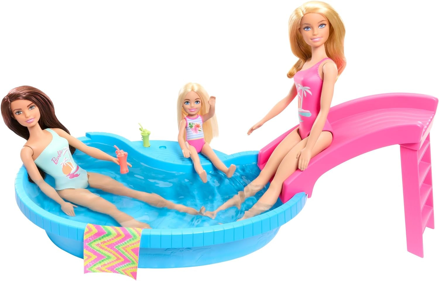 Barbie-Puppe und Zubehör – Pool mit Rutsche und Zubehör für stundenlangen Spaß in der Sonne, rosa Badeanzug mit tropischem Design, für Kinder ab 3 Jahren, HRJ74