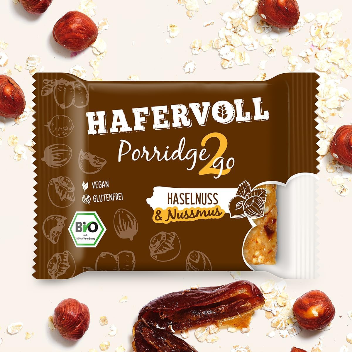 Hafervoll Porridge2go Erdnussbutter und Nüsse, 13 Riegel x 55 g – Vegan, Bio, Glutenfrei, Snack ohne Zuckerzusatz, mit Hafer, Datteln und Quinoa-Süßigkeit