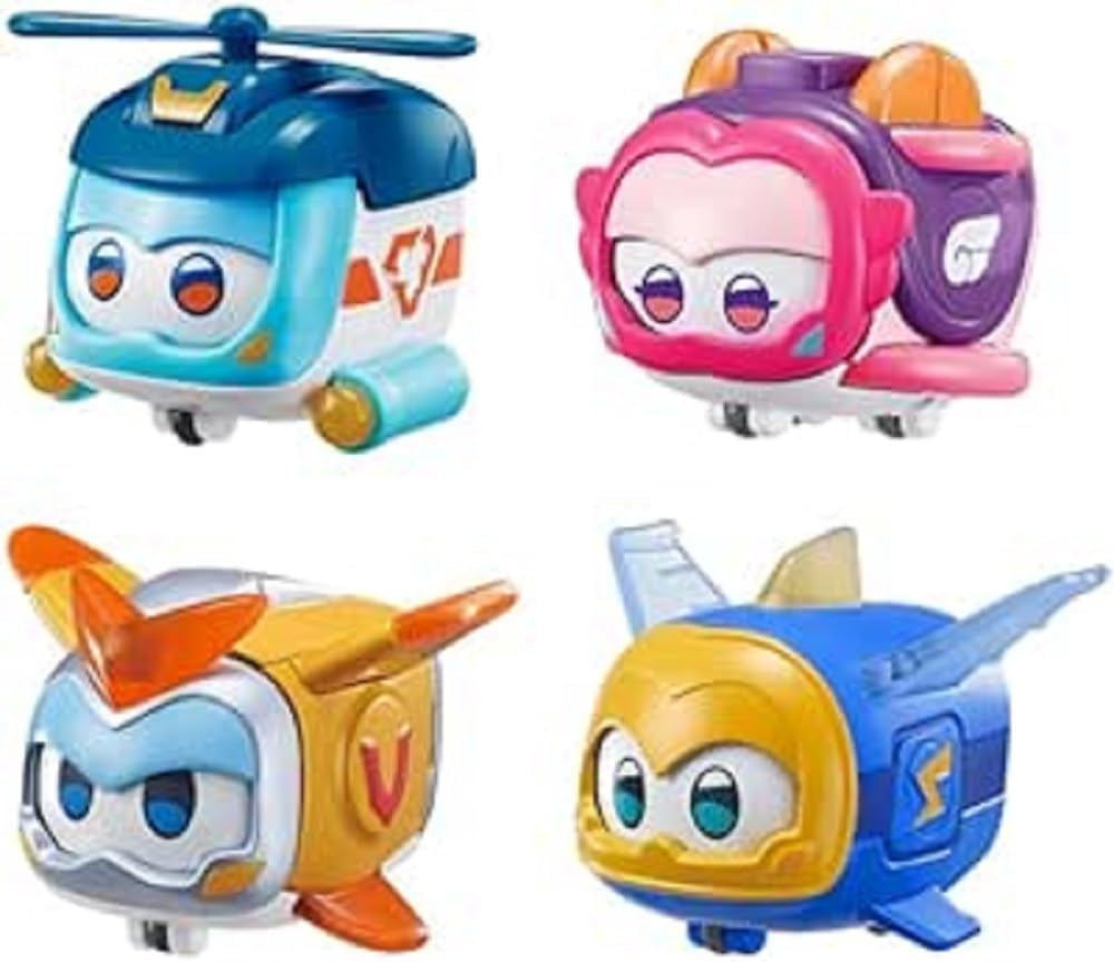 Super Wings Super Pets 4 Stück Shine, Golden Boy, Jerome, Ellie, umschaltbarer Gesichtsausdruck, Blitzeffekt, tragbares Spielzeug für Jungen und Mädchen im Alter von 3, 4, 5, 6, 7, 8 Jahren, 5,1 cm große Actionfiguren, Naty Shop, 4er-Pack A